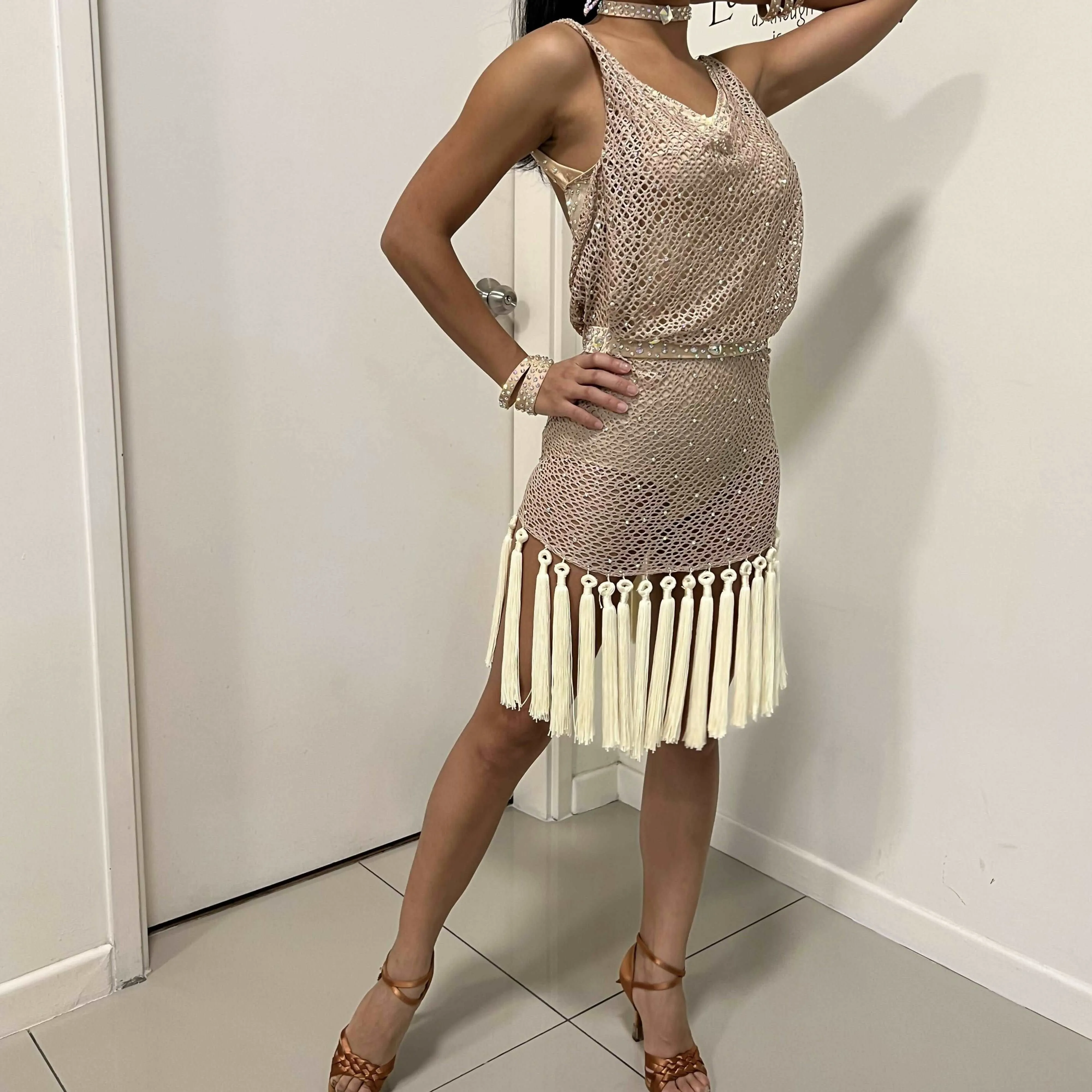 Beige Latin Dress with Fringes for Junior