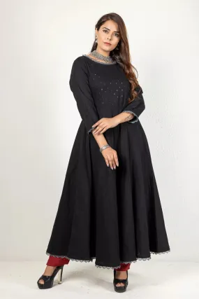 Black-Colored 3/4 Sleeves Cotton Kurta