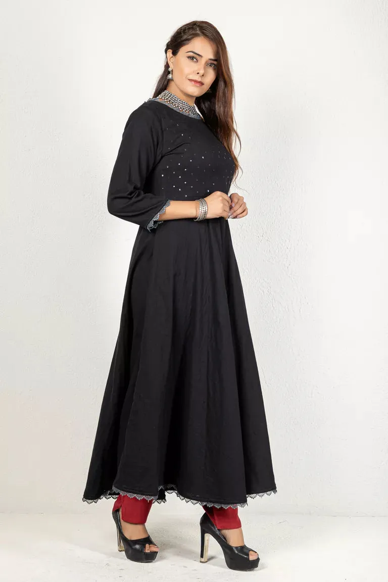 Black-Colored 3/4 Sleeves Cotton Kurta