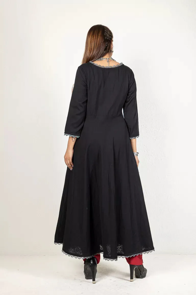 Black-Colored 3/4 Sleeves Cotton Kurta