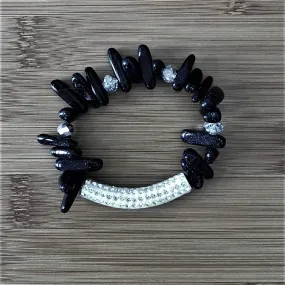 Black Natural Stick Stone and Silver Crystal Bar Bracelet