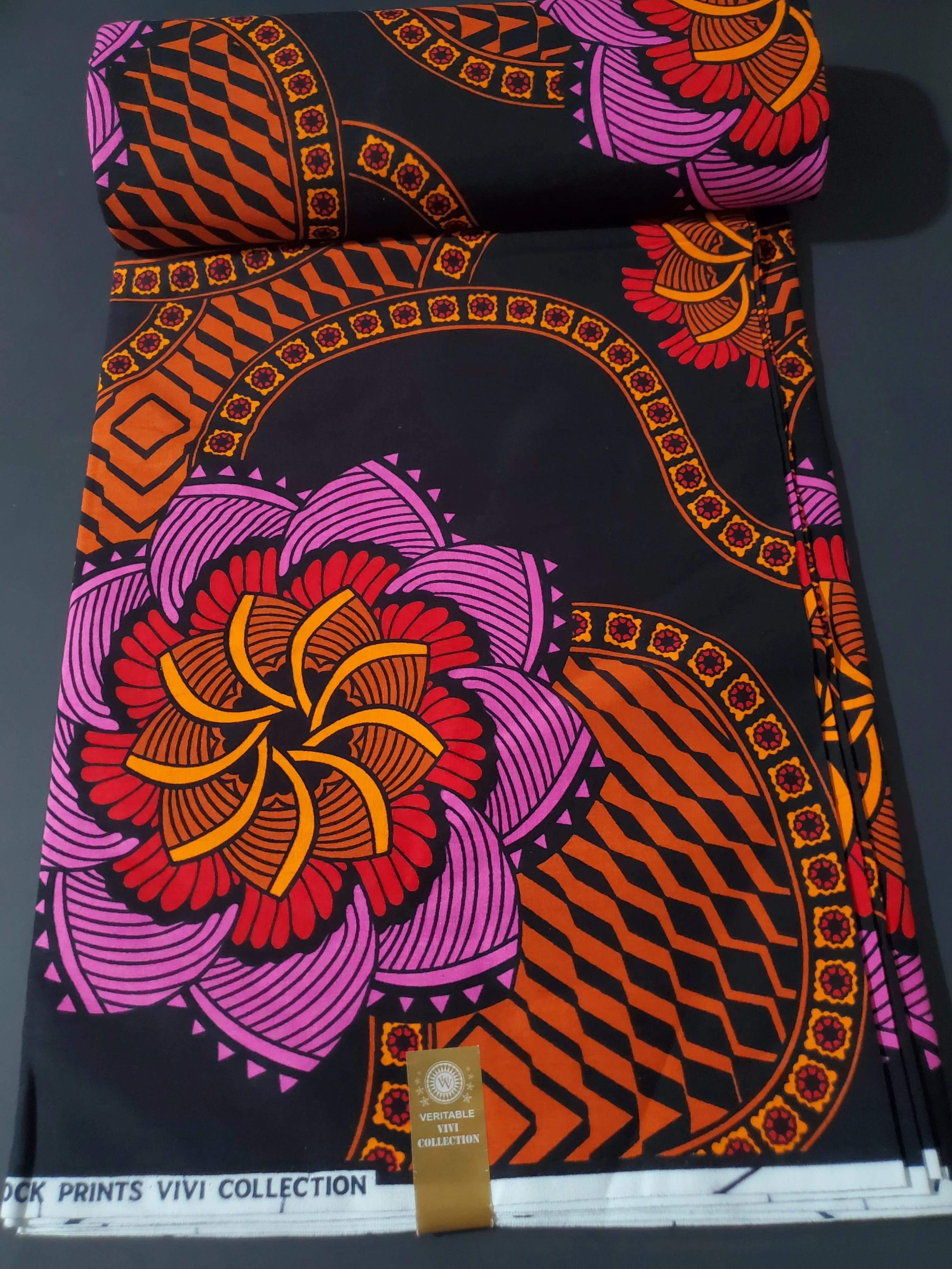 Black, Pink and Orange African Ankara Print Fabric