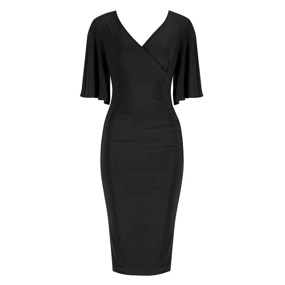 Black Wrap Top Slinky Cocktail Wiggle Dress w/ Butterfly Sleeves