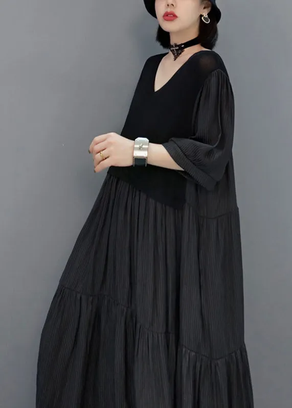 Black Wrinkled Vacation Long Dresses Half Sleeve VB1003