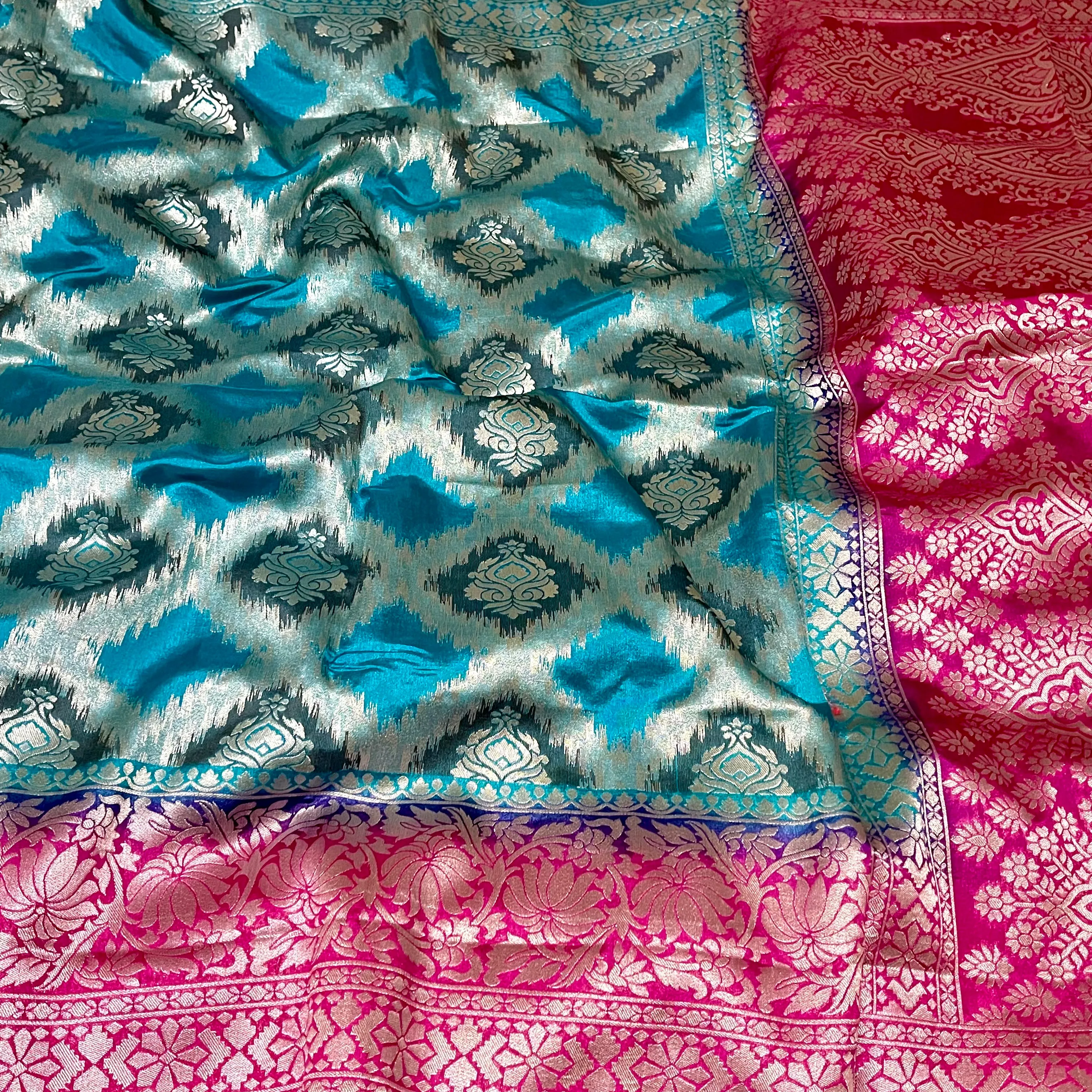 Blue & Pink Banarasi Jute silk saree with stitched blouse