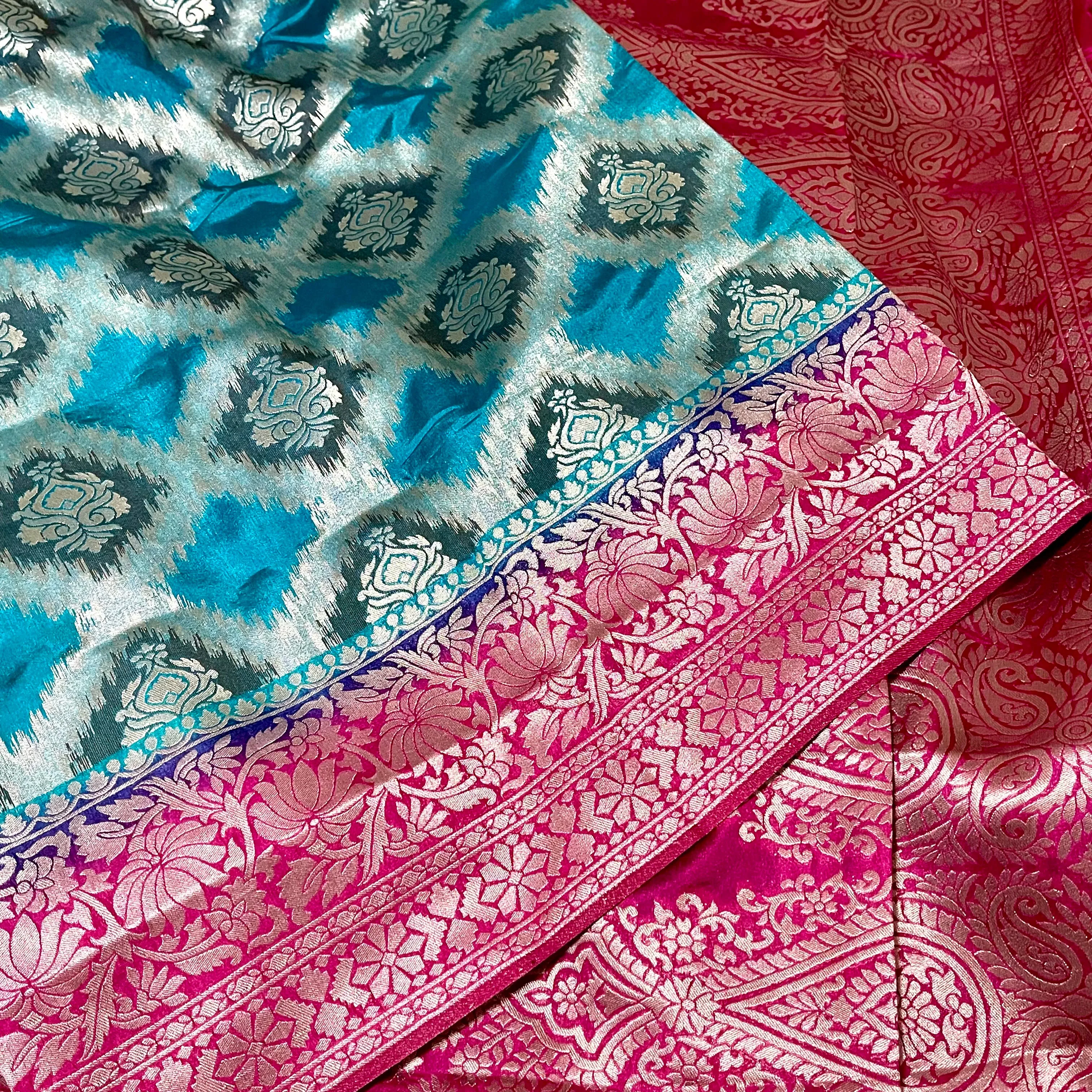 Blue & Pink Banarasi Jute silk saree with stitched blouse