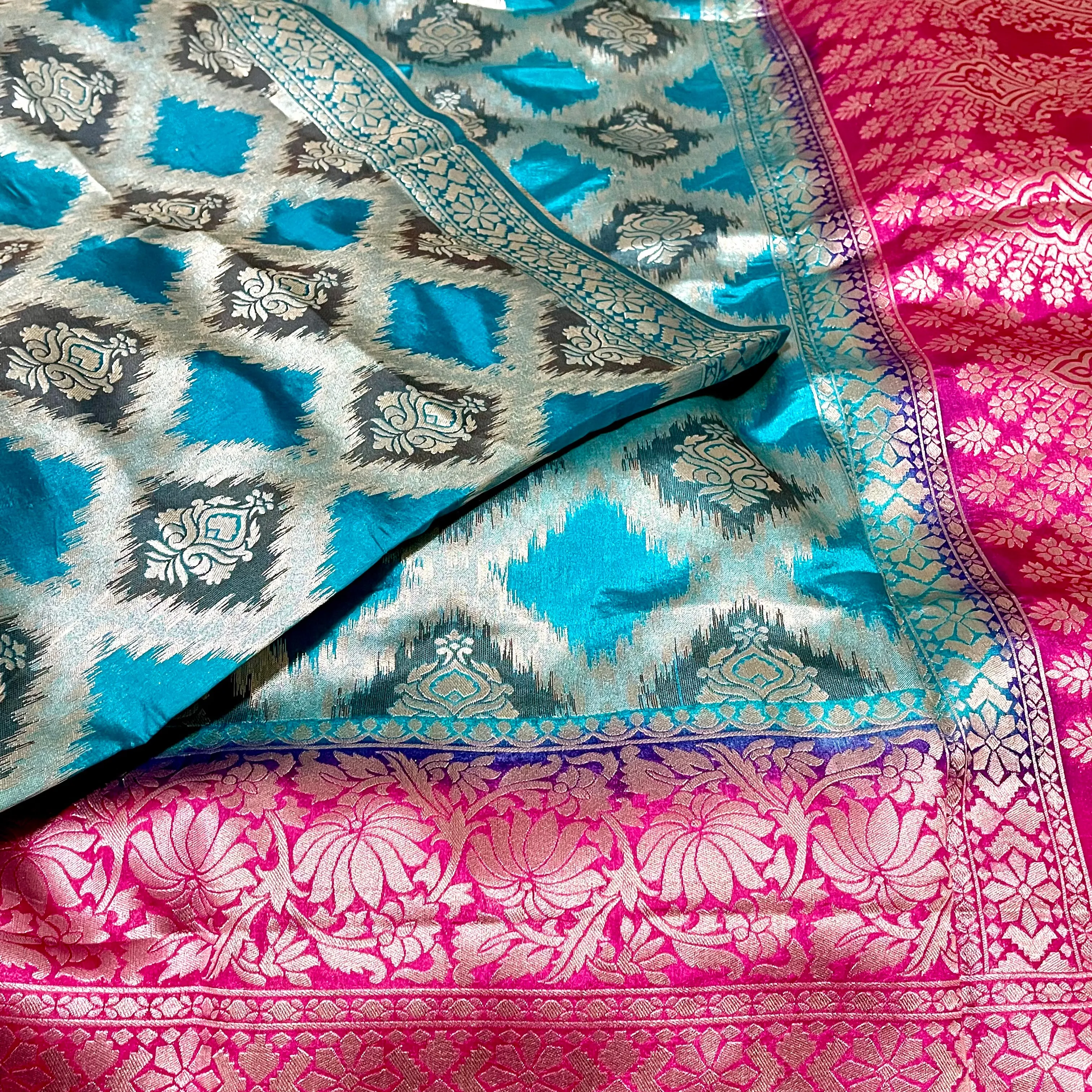 Blue & Pink Banarasi Jute silk saree with stitched blouse