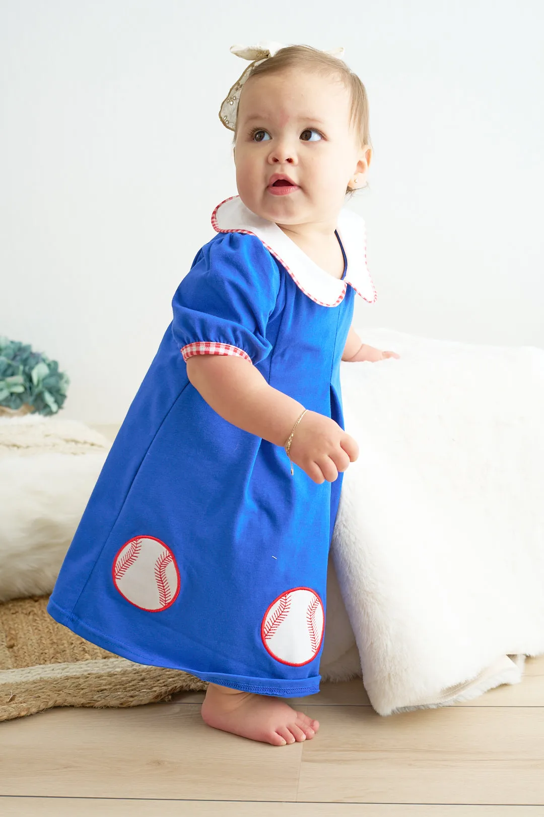 Blue baseball applique dress