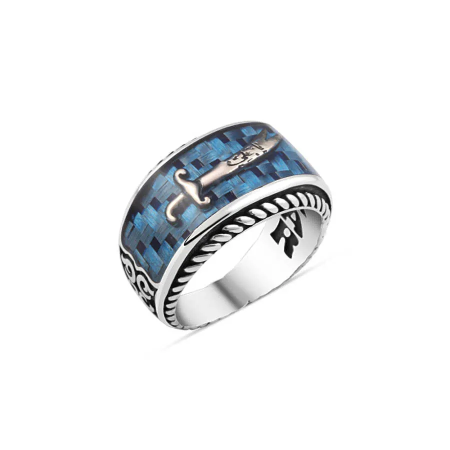 Blue Enameled Zulfiqar Sword on Carbon Ovoid Silver Men's Ring with Braid Pattern