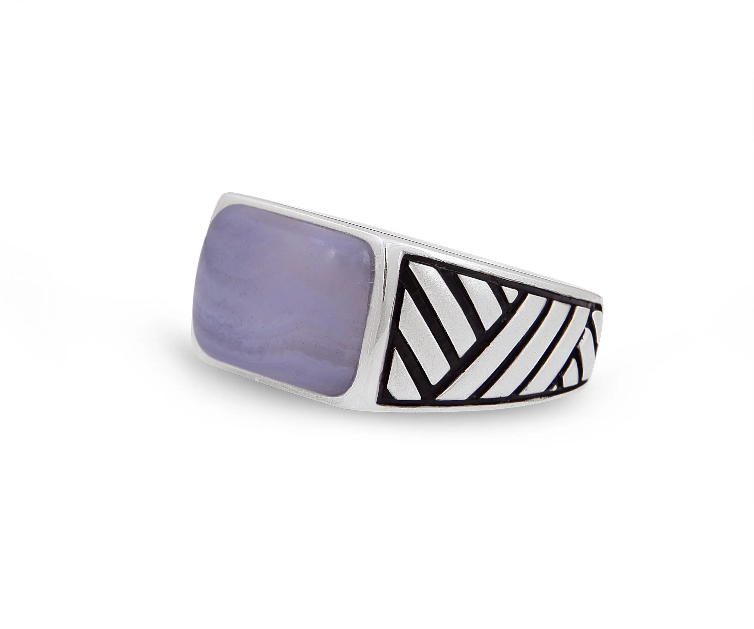 Blue Lace Agate Stone Signet Ring in Black Rhodium Plated Sterling