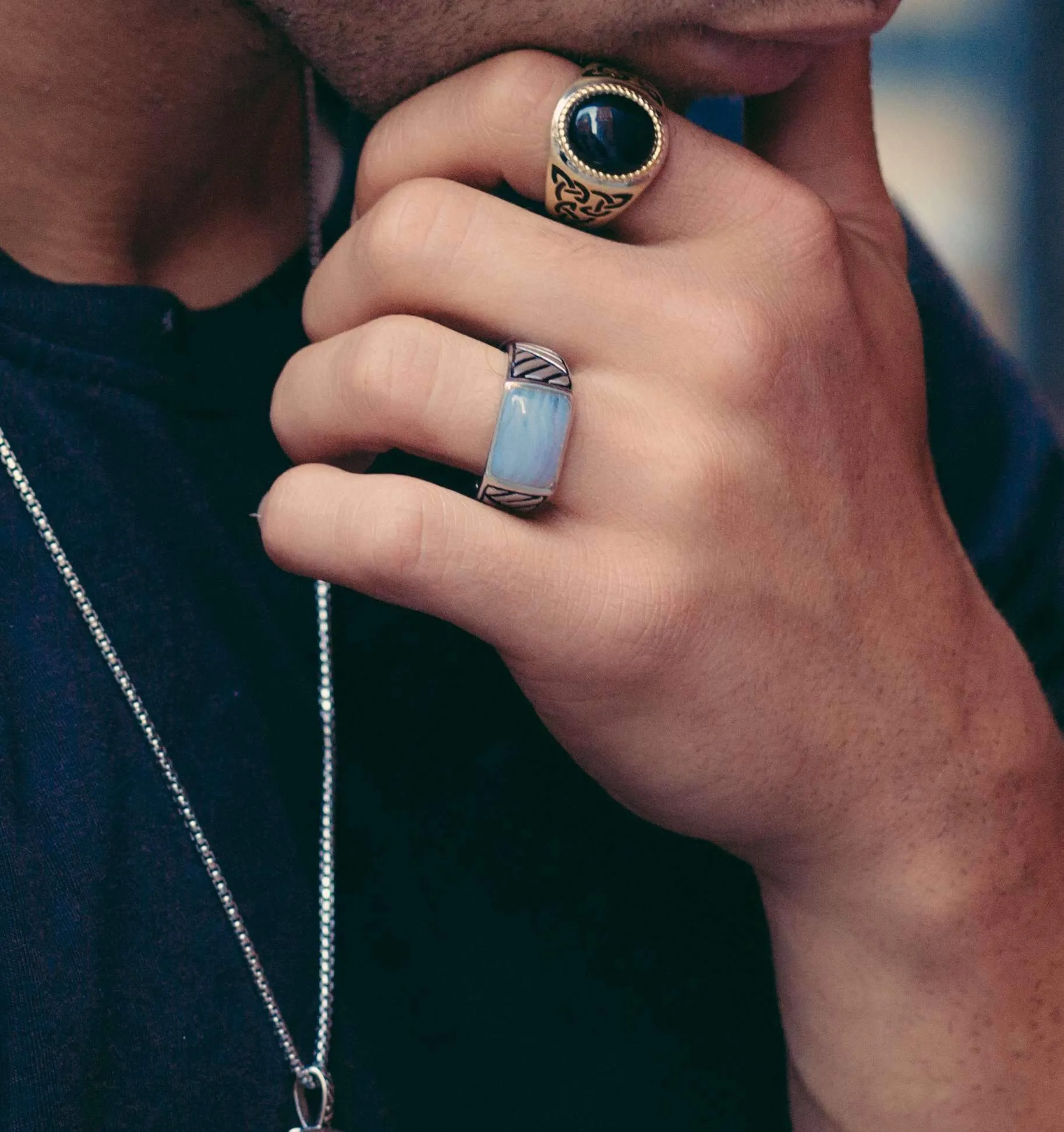 Blue Lace Agate Stone Signet Ring in Black Rhodium Plated Sterling