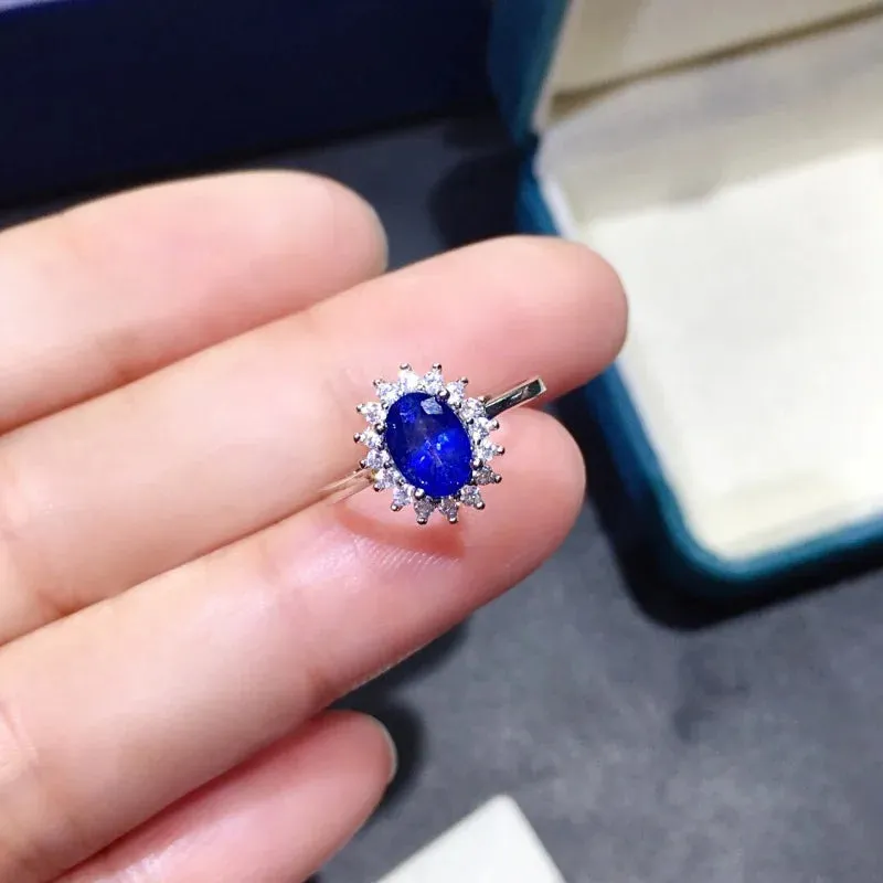 Blue Sapphire Flower Ring - 925 Sterling Silver