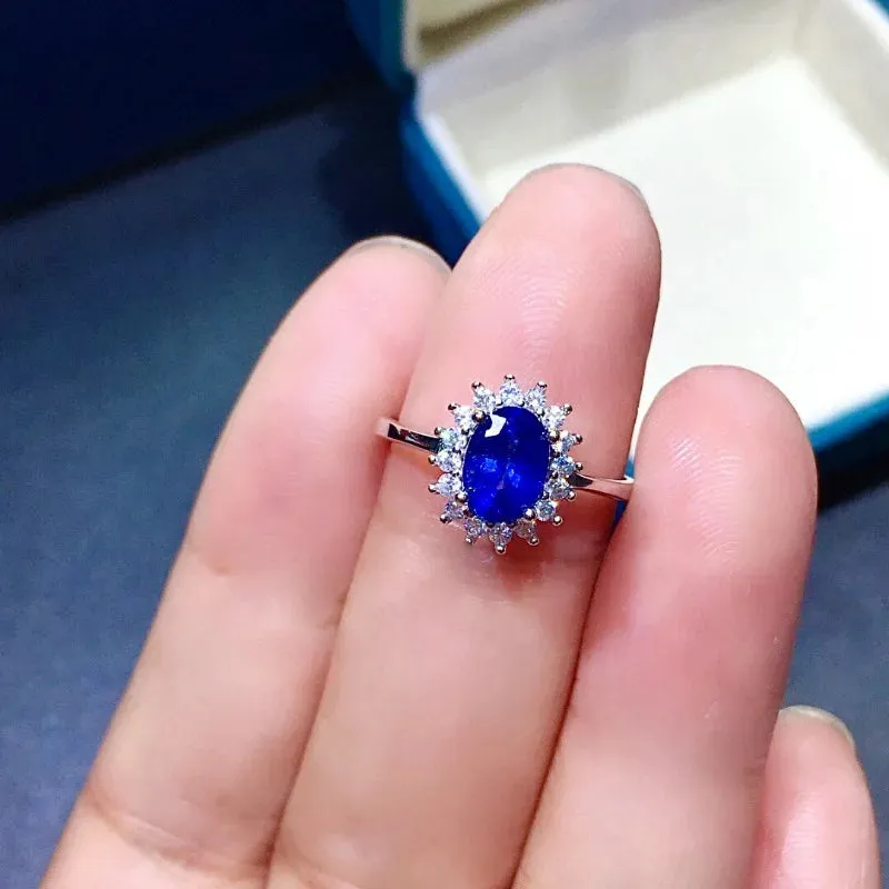 Blue Sapphire Flower Ring - 925 Sterling Silver