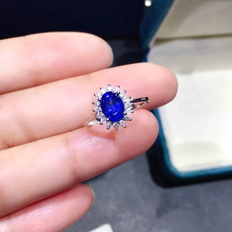 Blue Sapphire Flower Ring - 925 Sterling Silver