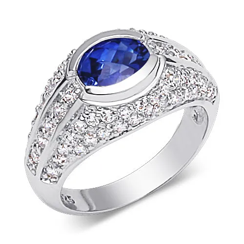 Blue Sapphire Oval Cut Sterling Silver Ring Size 8