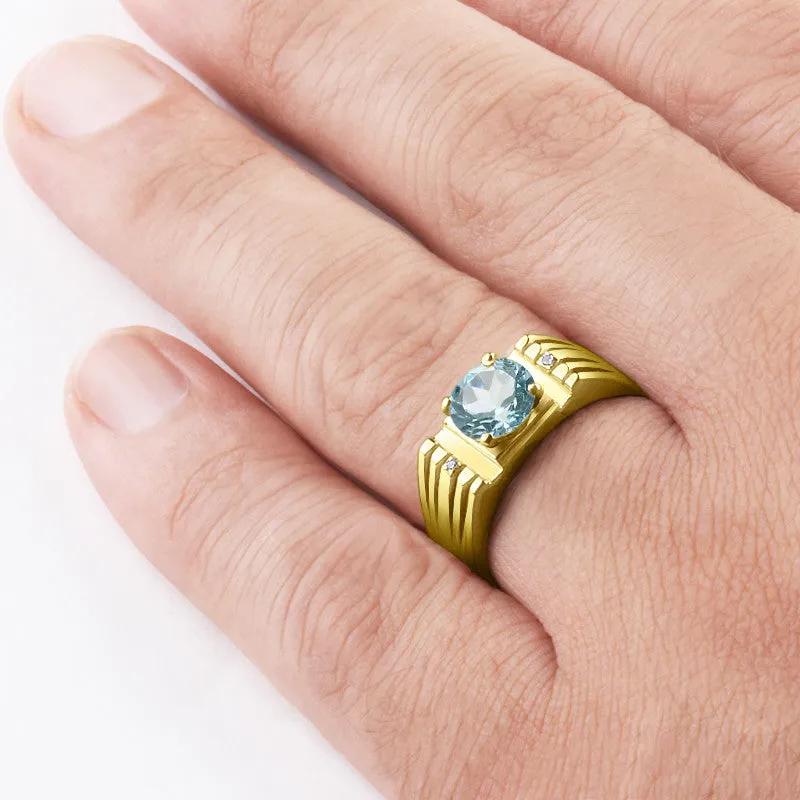 Blue Topaz Ring for Men in 14k Yellow Gold with Natural Diamonds