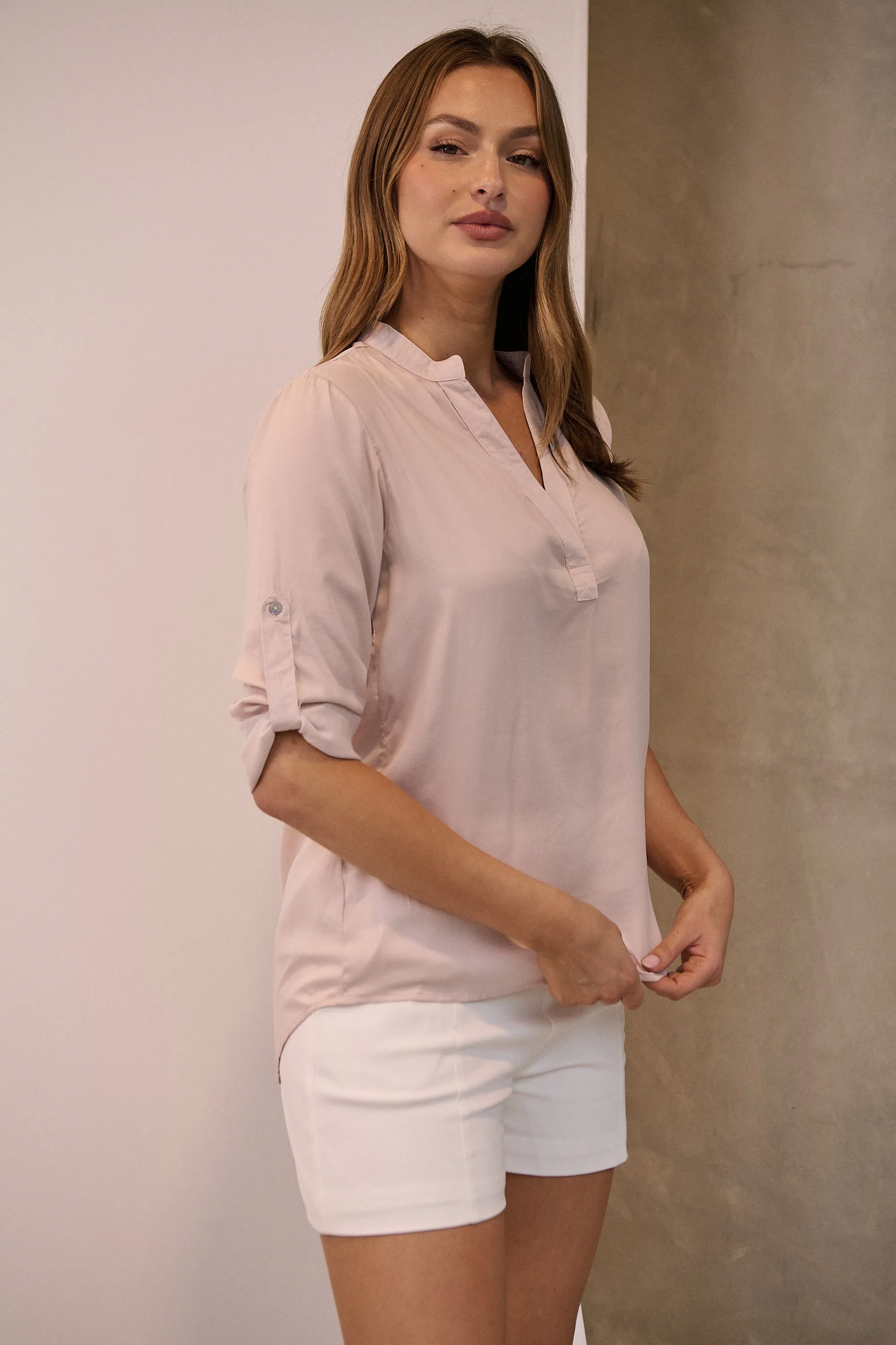 Brialla Blush Satin Roll sleeve shirt