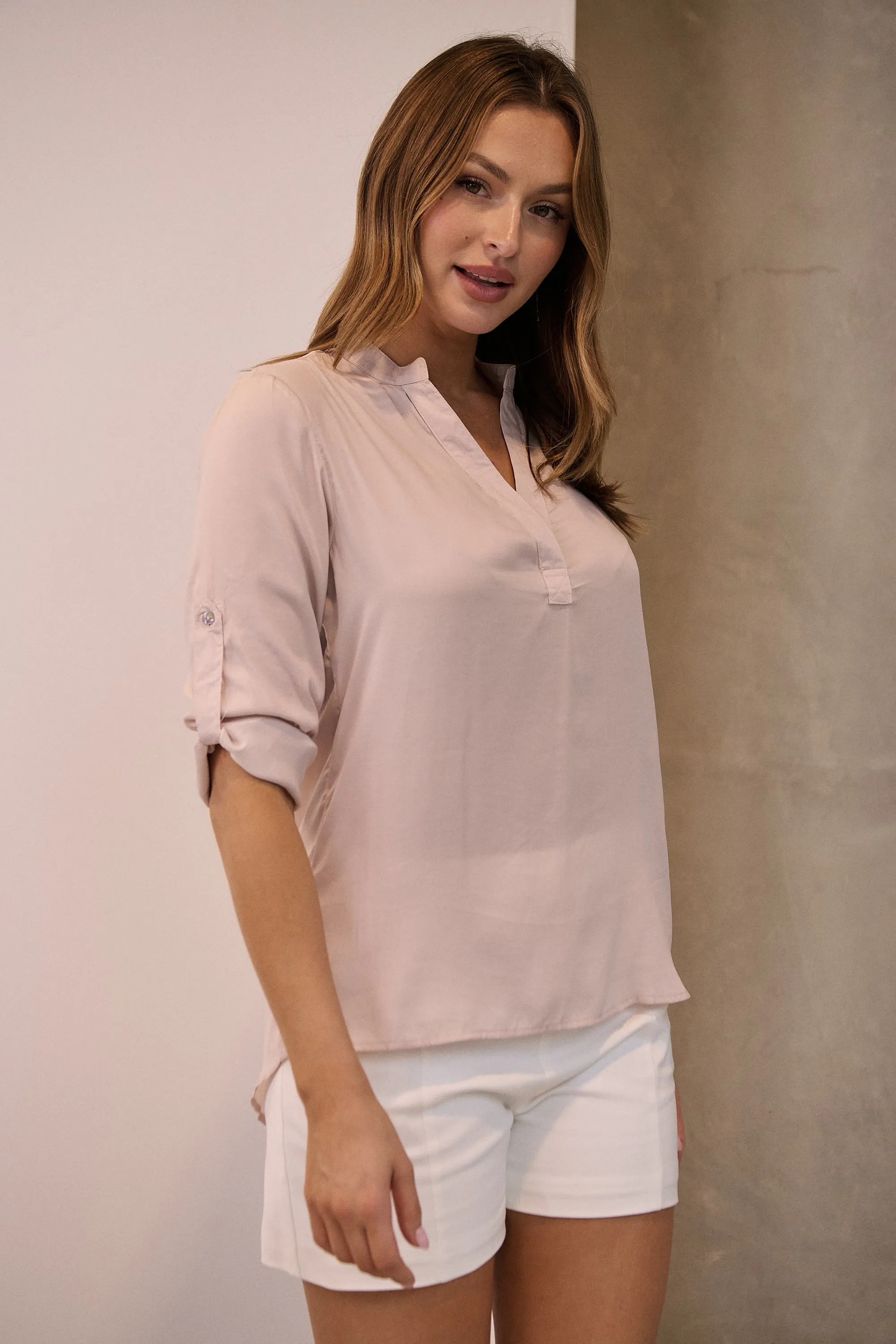 Brialla Blush Satin Roll sleeve shirt