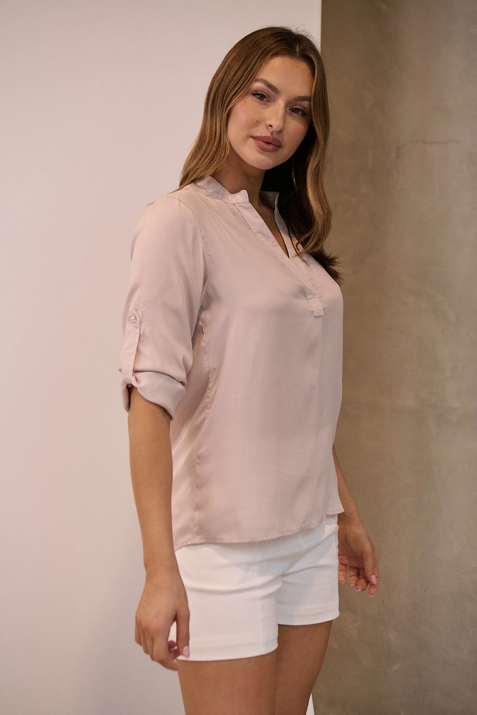 Brialla Blush Satin Roll sleeve shirt