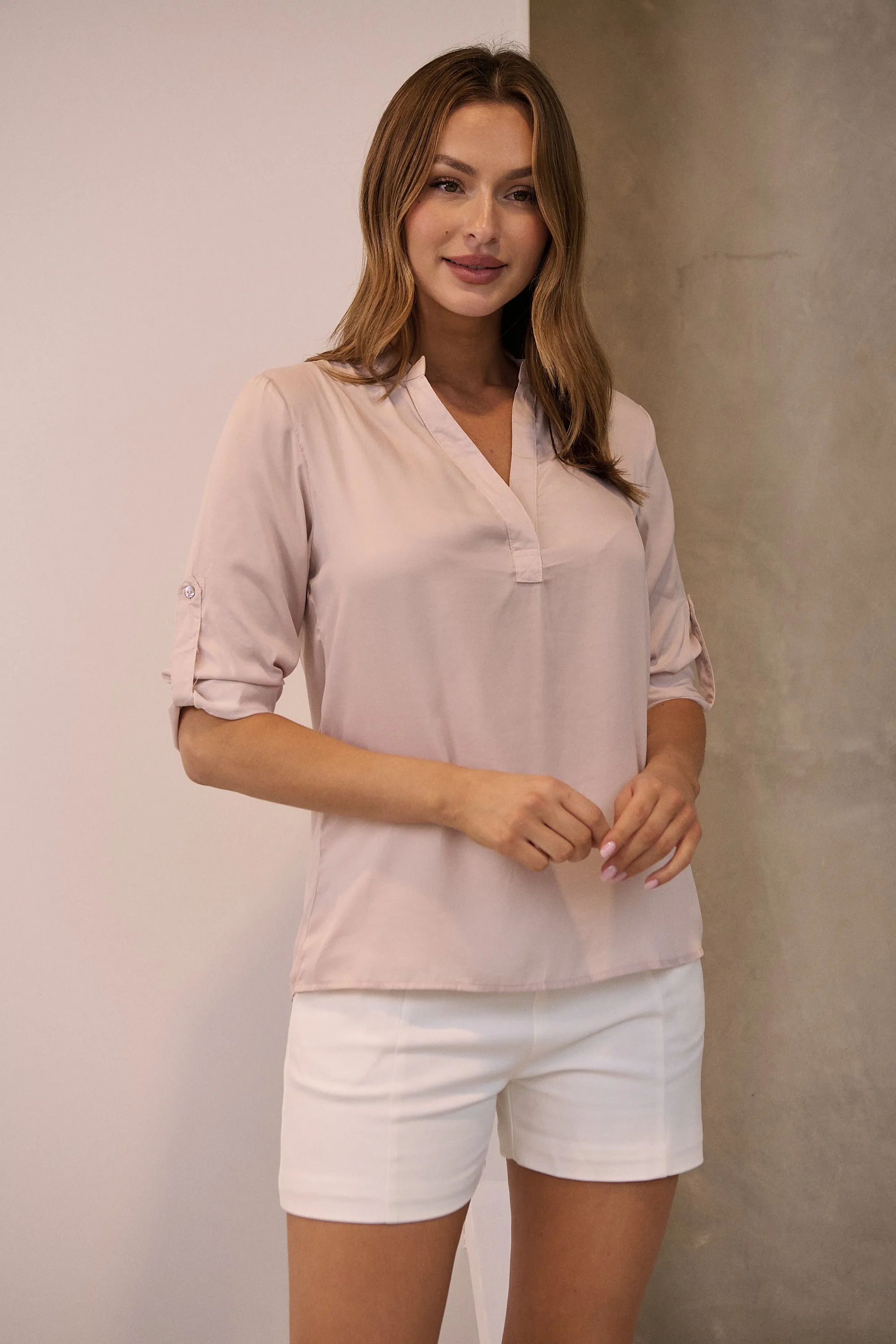 Brialla Blush Satin Roll sleeve shirt