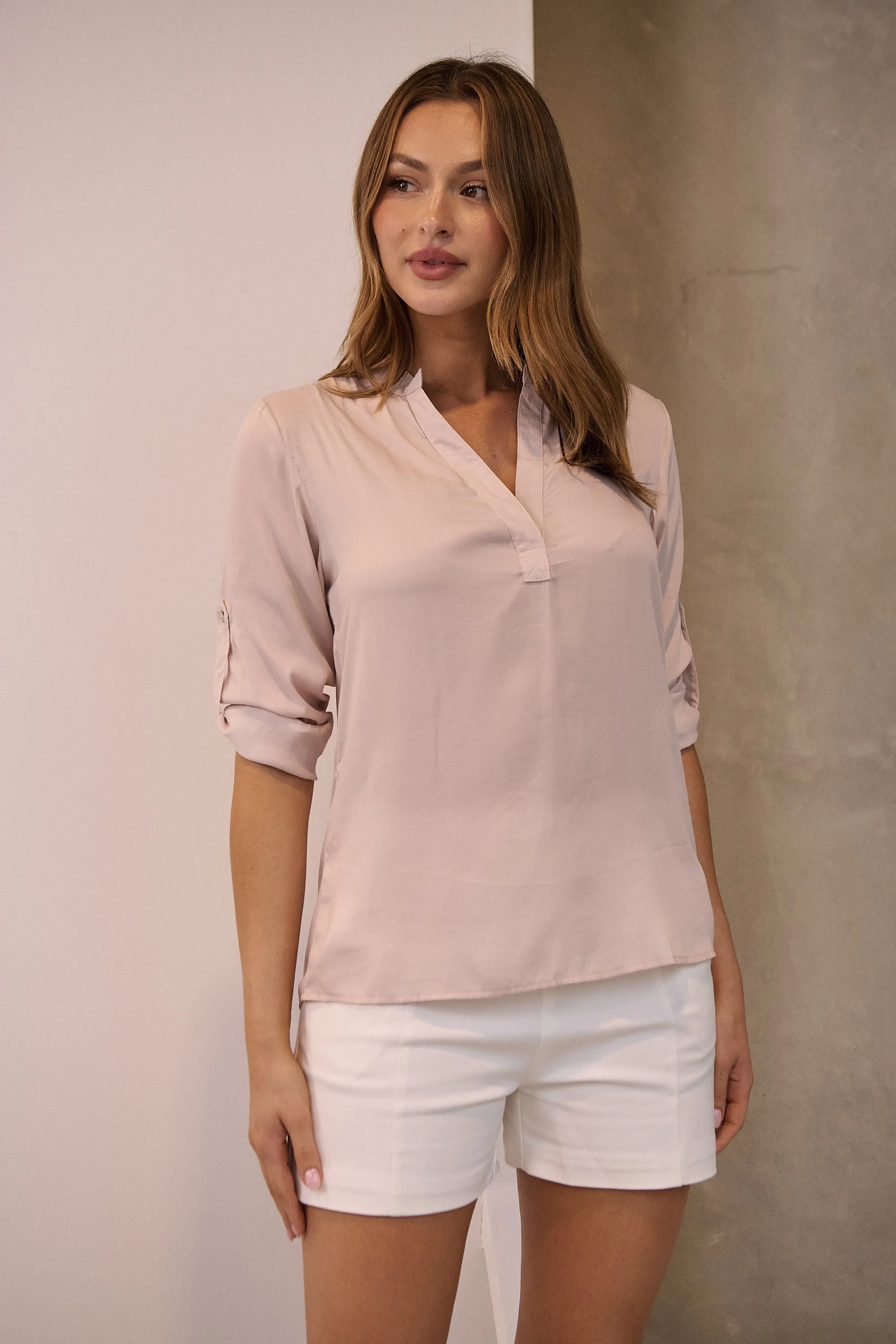 Brialla Blush Satin Roll sleeve shirt