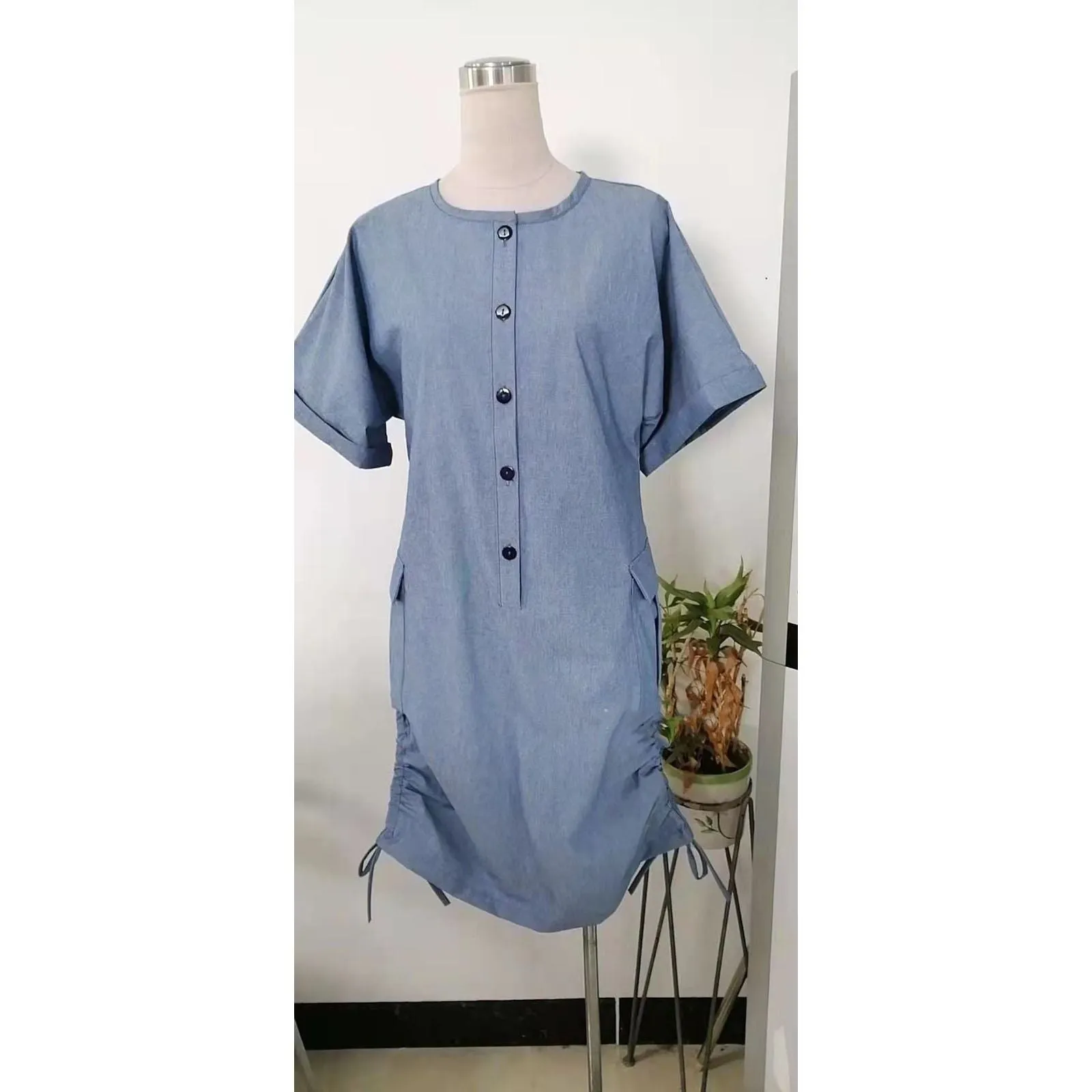 Button Detail Short Sleeve Denim Dress