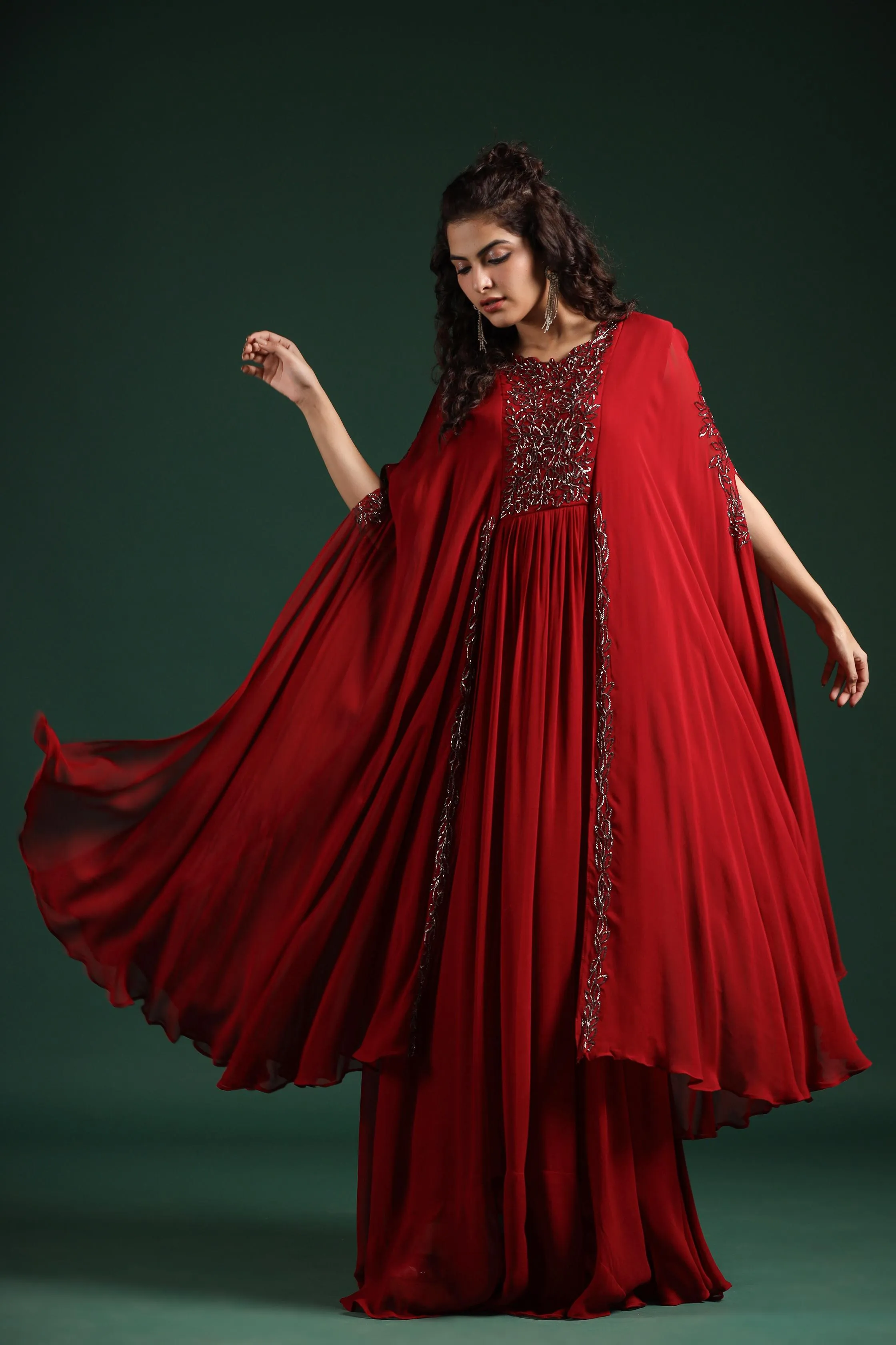 Carmine Red Embellished Crystal Georgette Silk Cape Gown