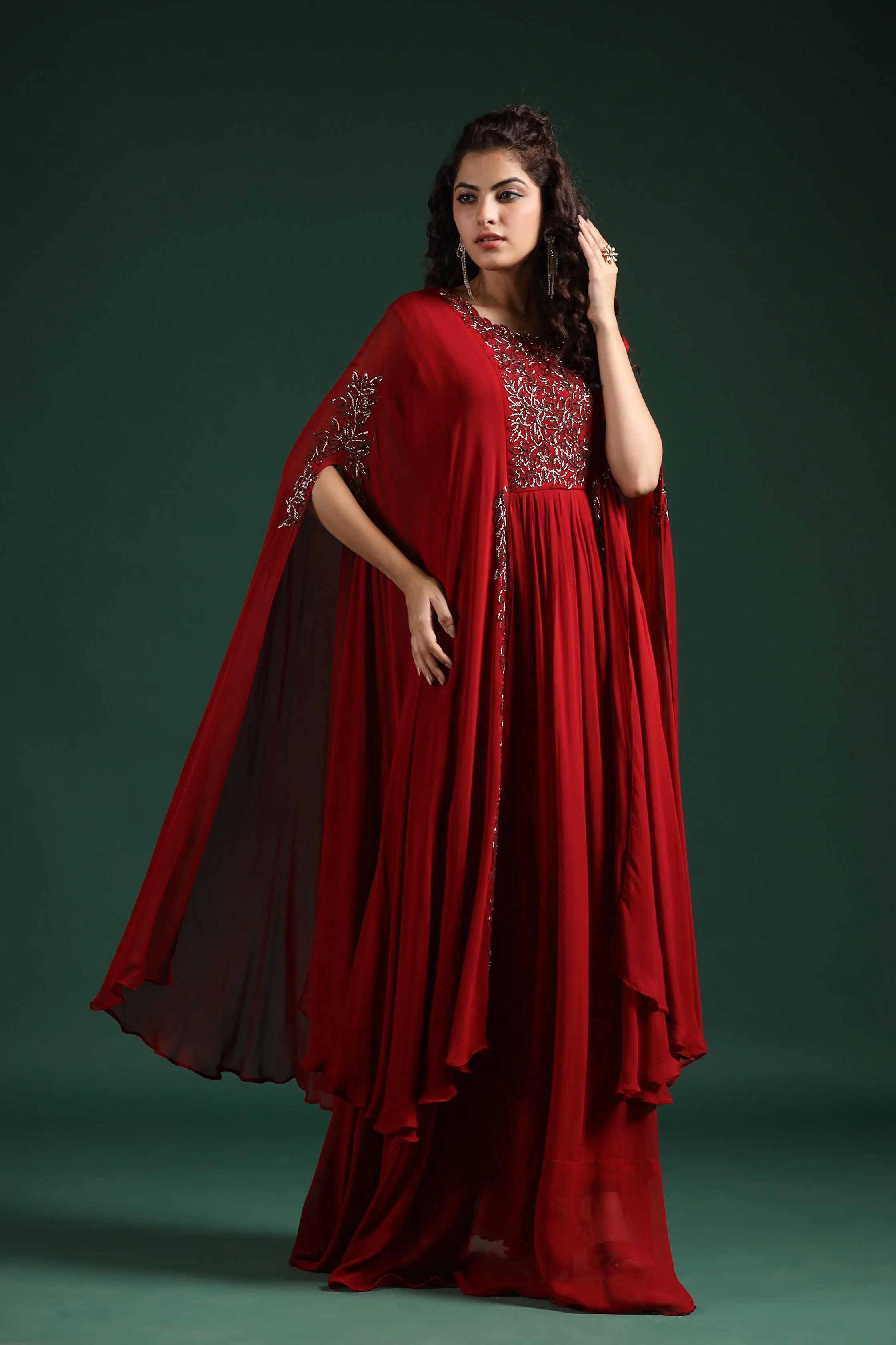 Carmine Red Embellished Crystal Georgette Silk Cape Gown