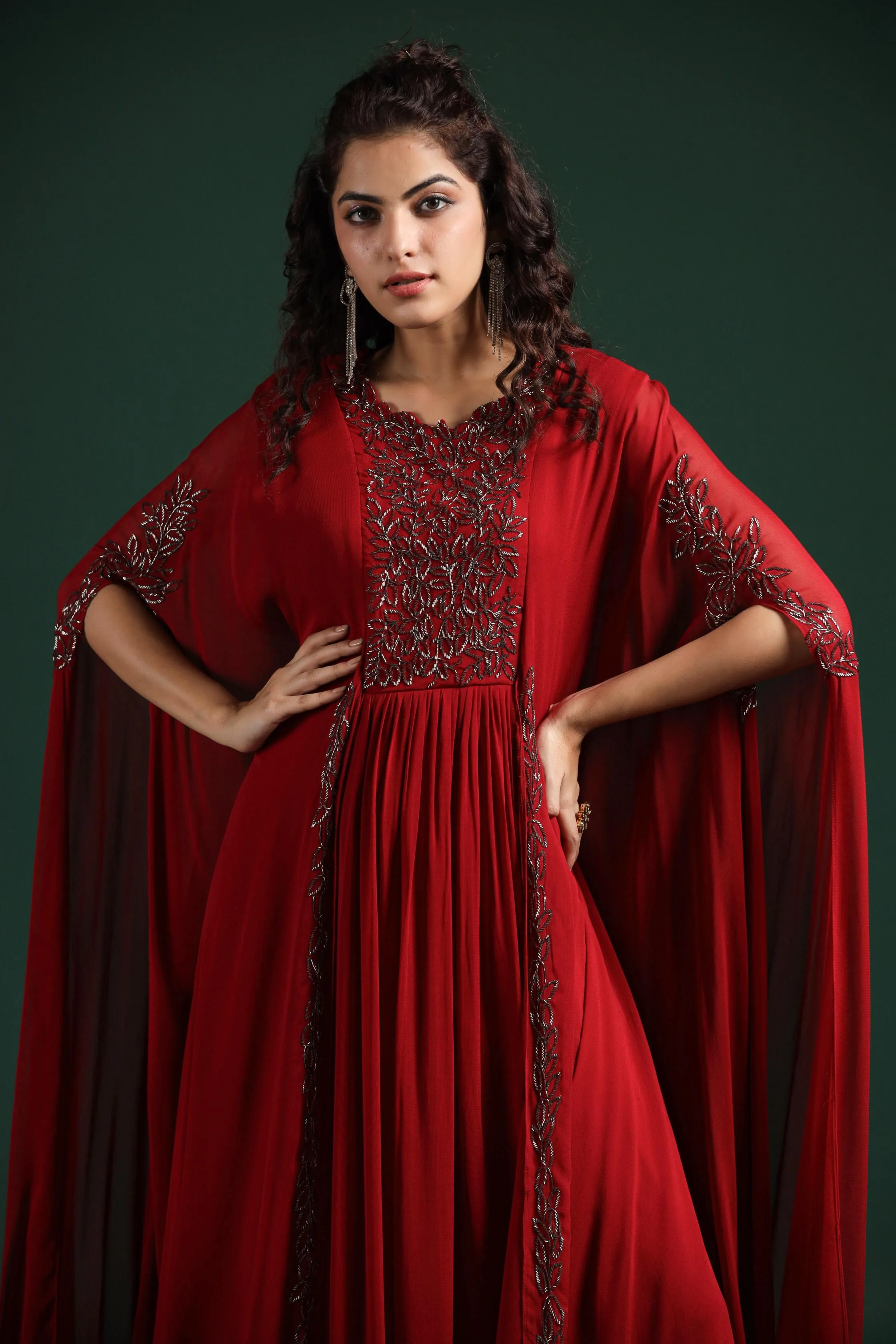 Carmine Red Embellished Crystal Georgette Silk Cape Gown