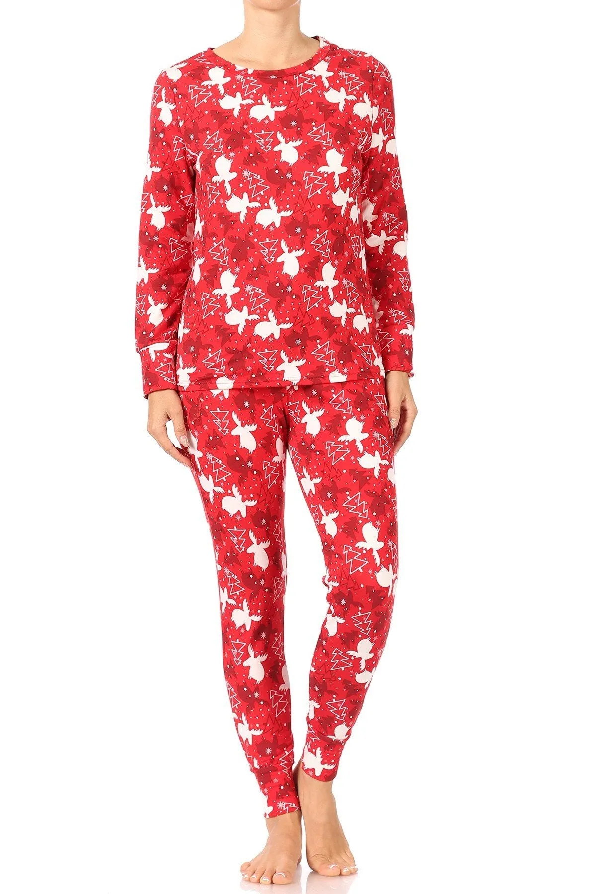 Christmas Trees Reindeer Fleece Lined Lounge Pajama Set Pants and Shirt