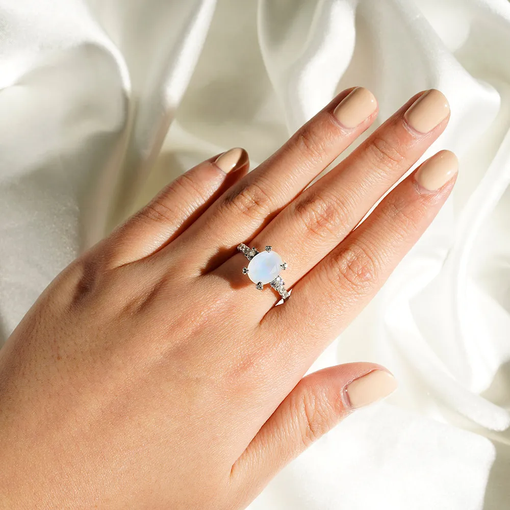 Claw-set Oval Moonstone Ring With White Sapphire Accents