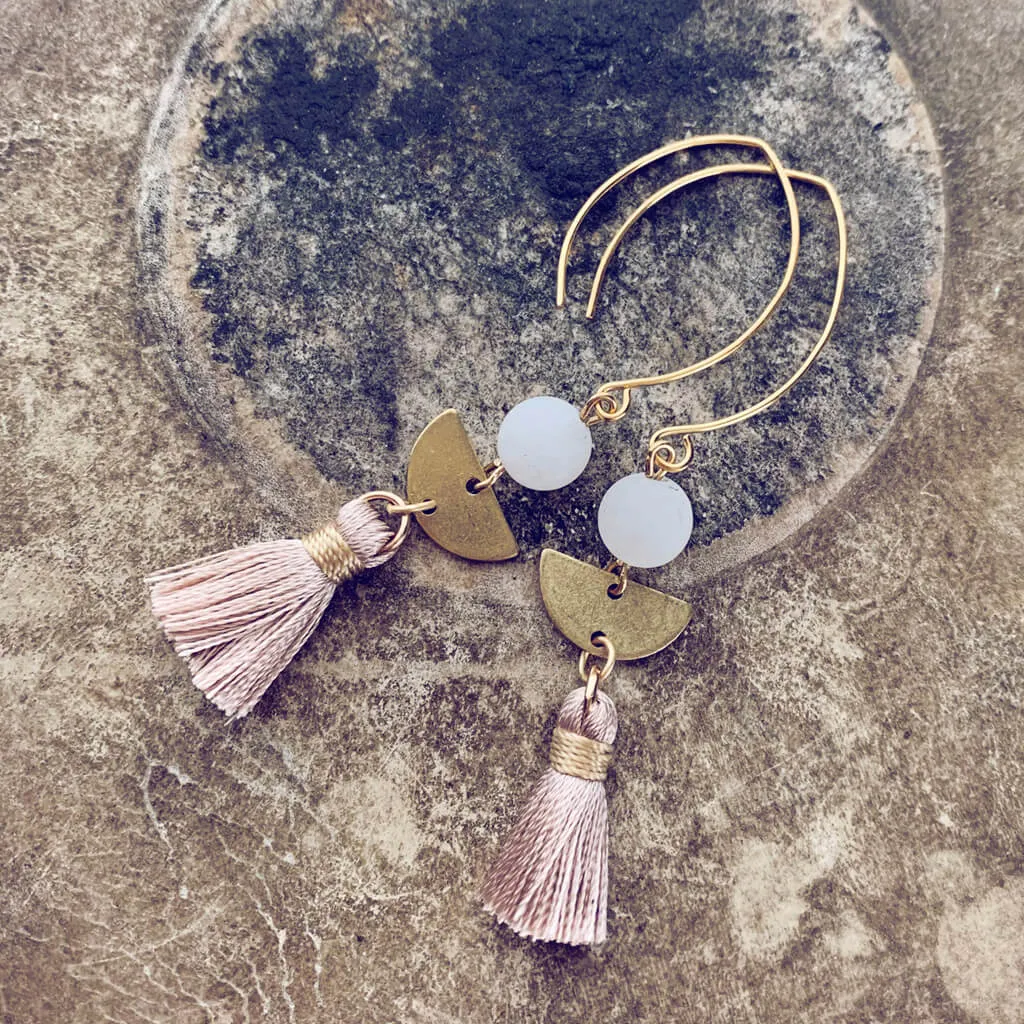 cosmos // frosted white jade, brass 1/2 moon & tassel earrings