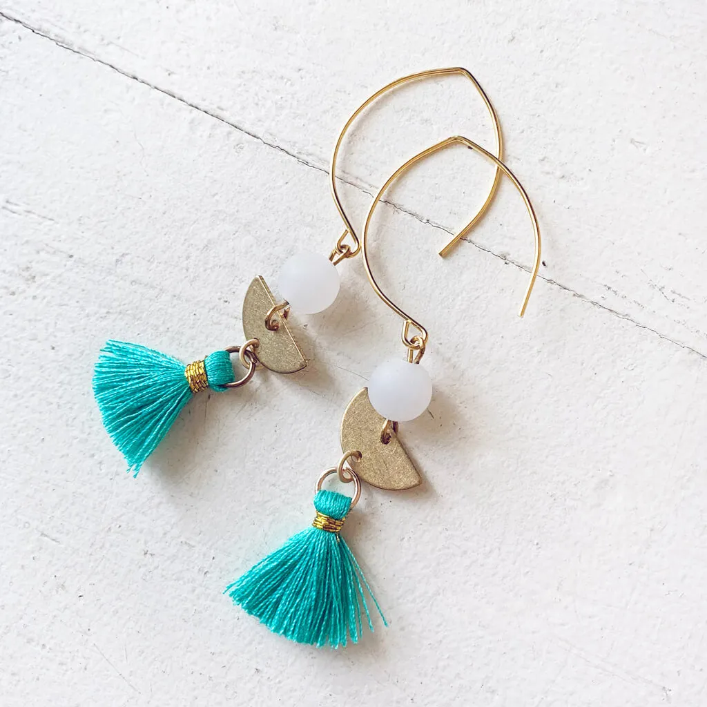 cosmos // frosted white jade, brass 1/2 moon & tassel earrings