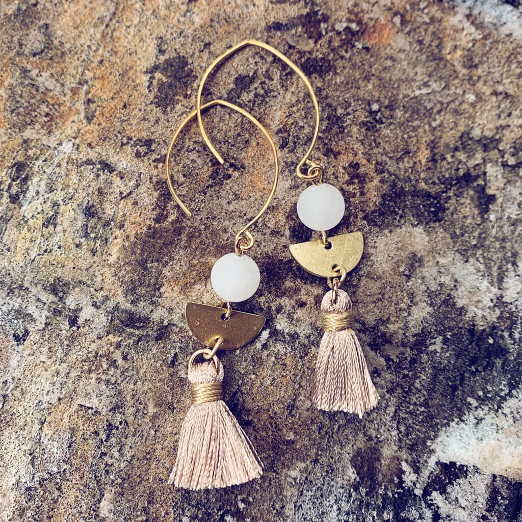 cosmos // frosted white jade, brass 1/2 moon & tassel earrings