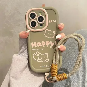 Cute Bear Phone Case with Hand Strap Rope for iPhone 11, 12, 13, 14, 15 Pro Max