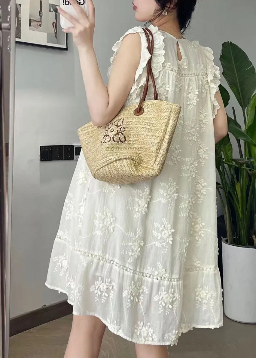 Cute Beige O-Neck Embroidered Floral Silk Cotton Mid Dress Summer BV024