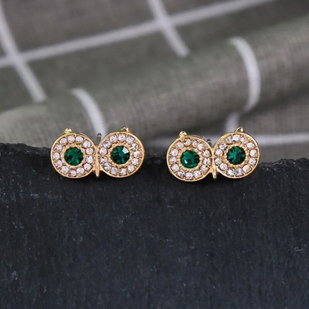 Cute Green Crystal Owl Eyes Stud Earrings