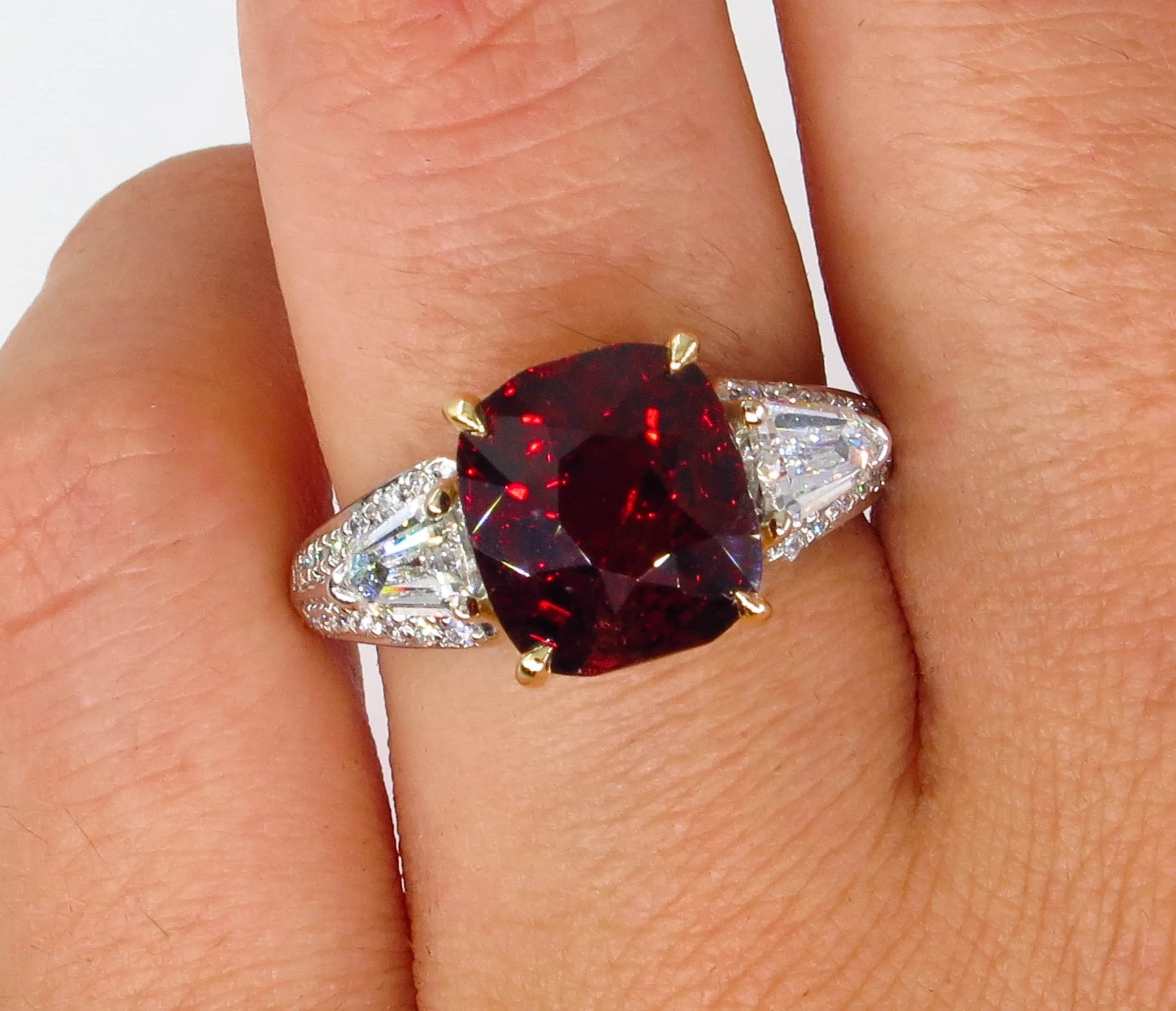 Estate Vintage GIA 4.75ct Natural Deep RED Garnet Cushion 3 Stone Diamond 18k Ring