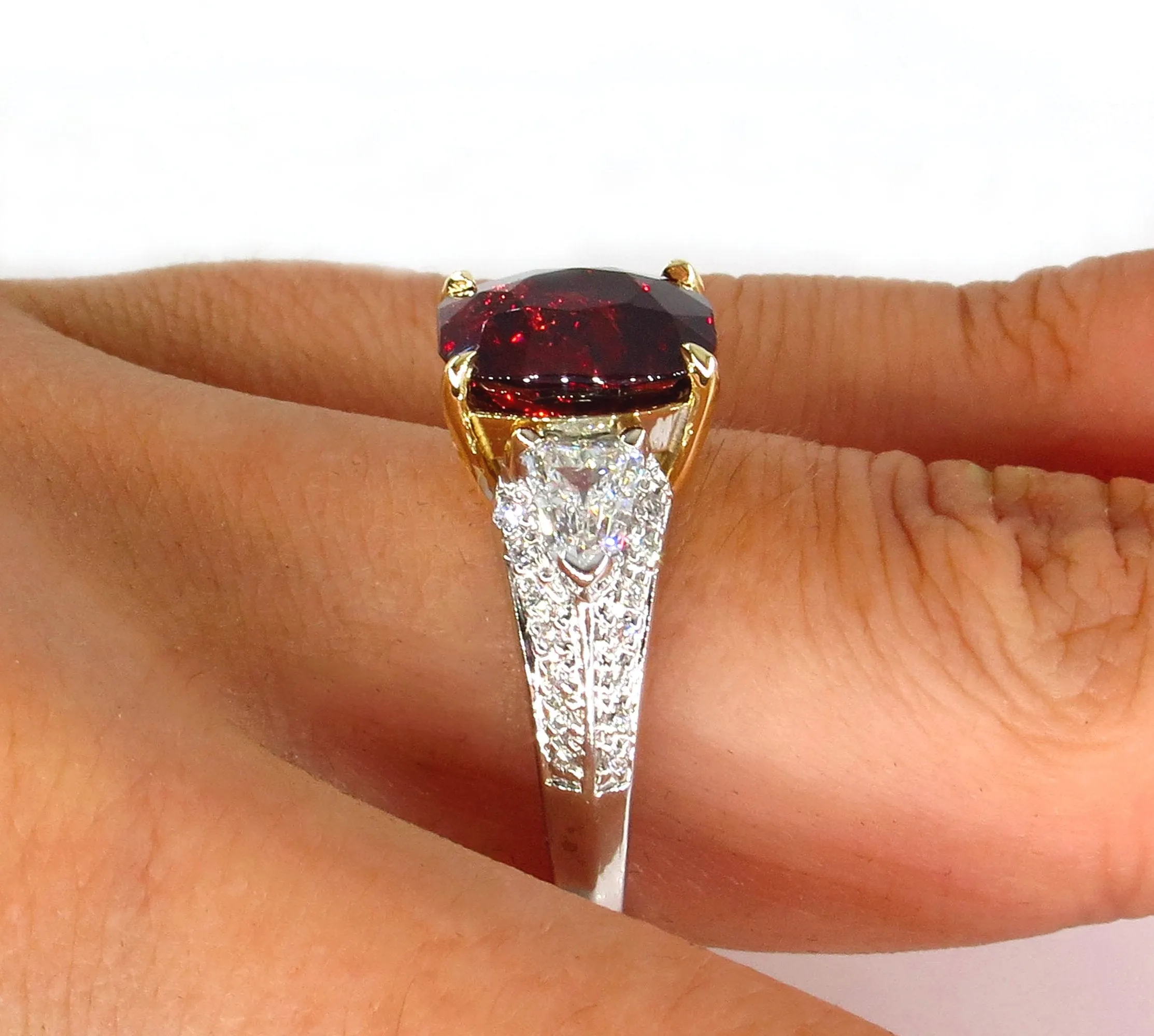 Estate Vintage GIA 4.75ct Natural Deep RED Garnet Cushion 3 Stone Diamond 18k Ring