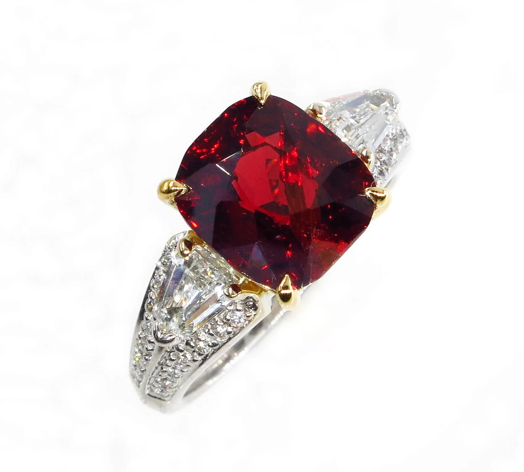 Estate Vintage GIA 4.75ct Natural Deep RED Garnet Cushion 3 Stone Diamond 18k Ring