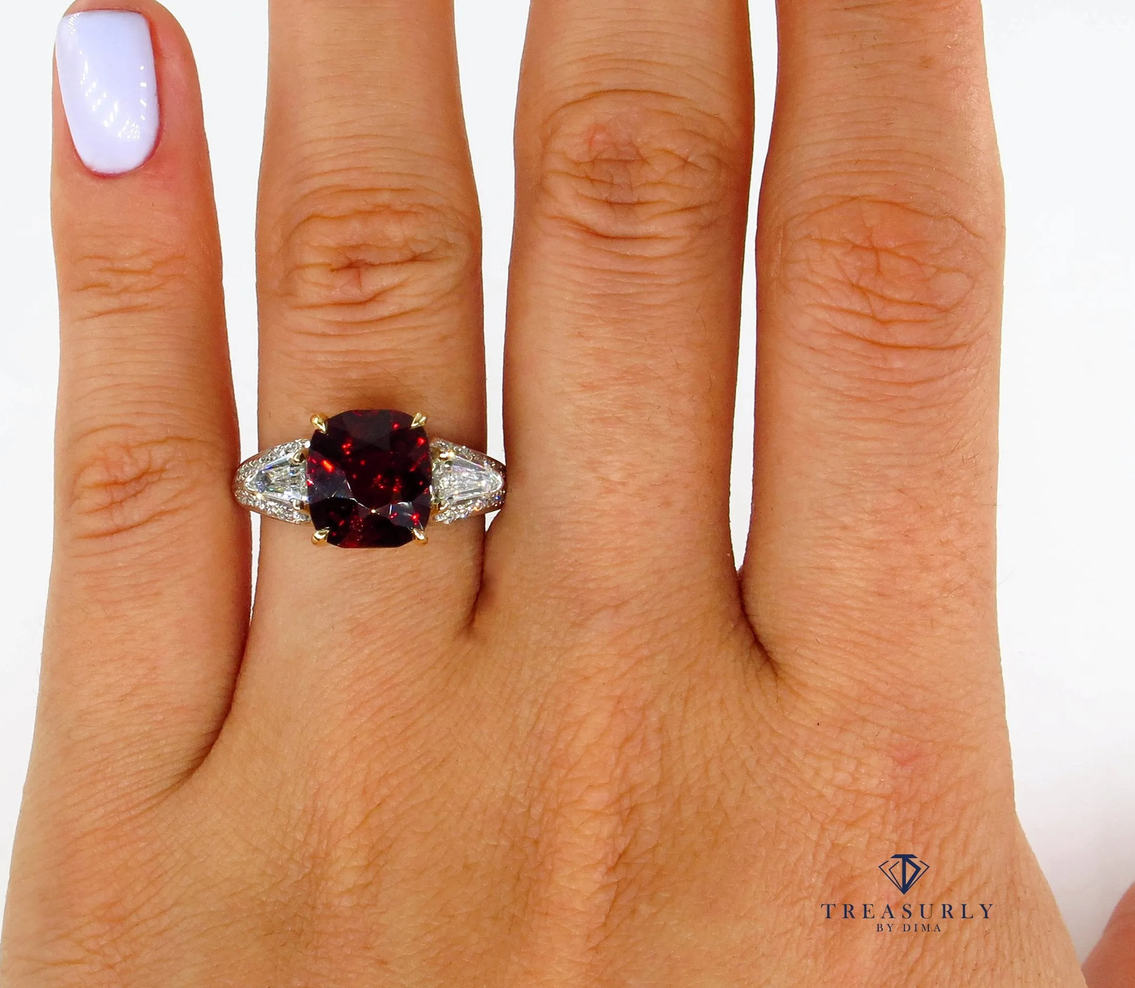 Estate Vintage GIA 4.75ct Natural Deep RED Garnet Cushion 3 Stone Diamond 18k Ring