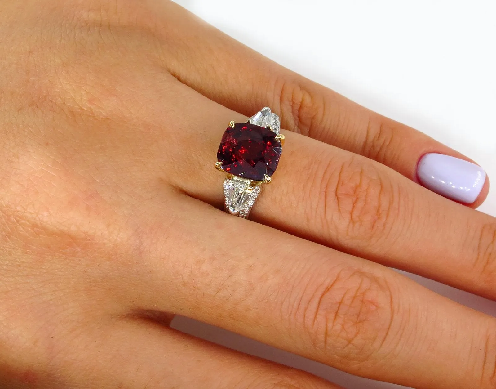 Estate Vintage GIA 4.75ct Natural Deep RED Garnet Cushion 3 Stone Diamond 18k Ring