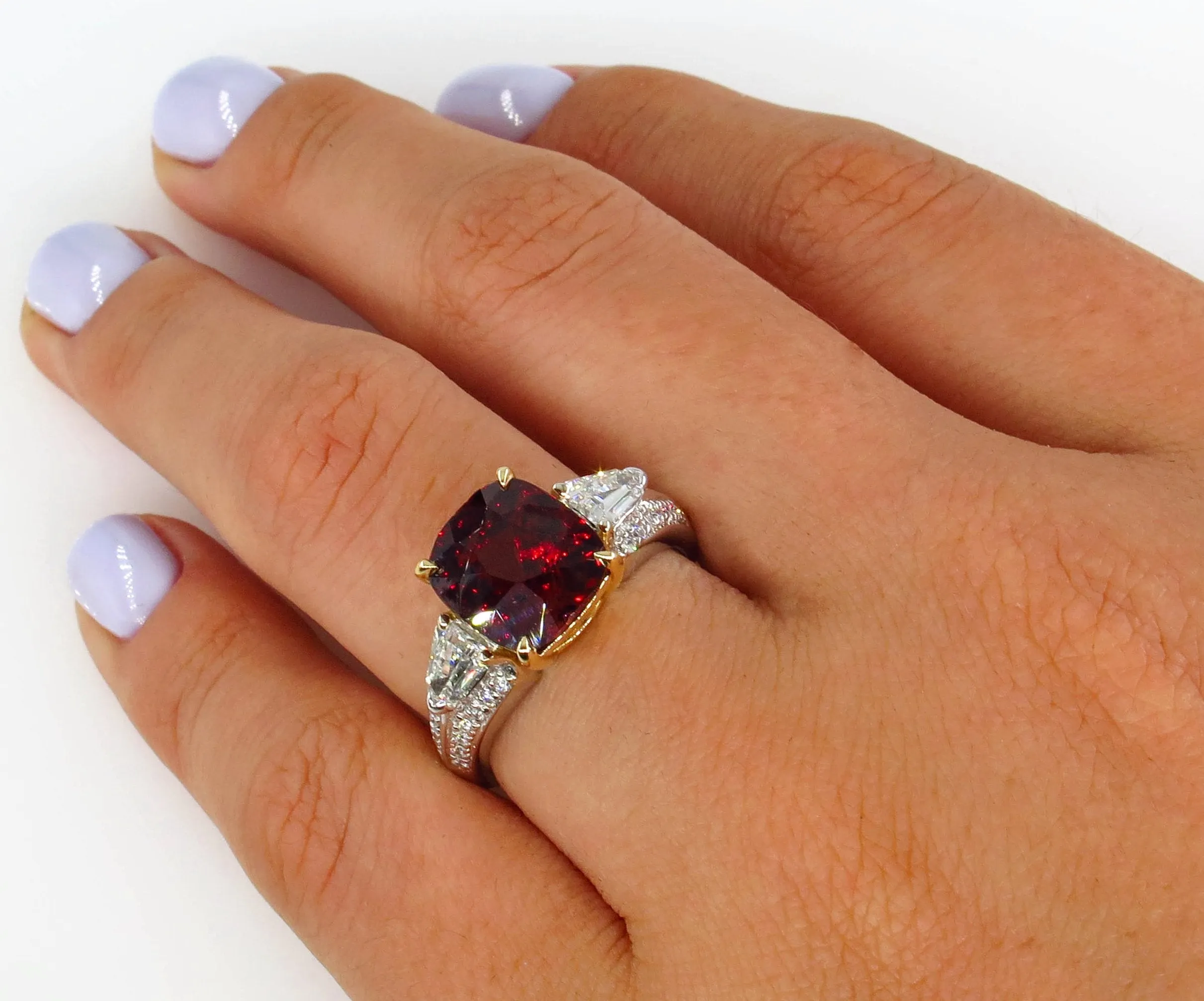 Estate Vintage GIA 4.75ct Natural Deep RED Garnet Cushion 3 Stone Diamond 18k Ring