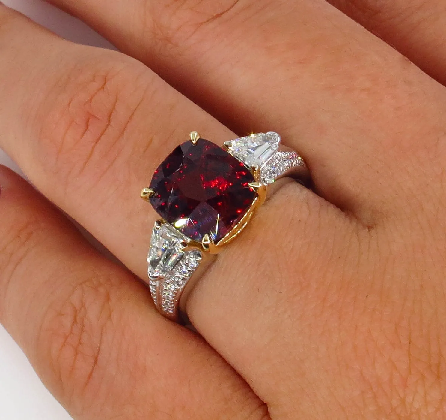 Estate Vintage GIA 4.75ct Natural Deep RED Garnet Cushion 3 Stone Diamond 18k Ring