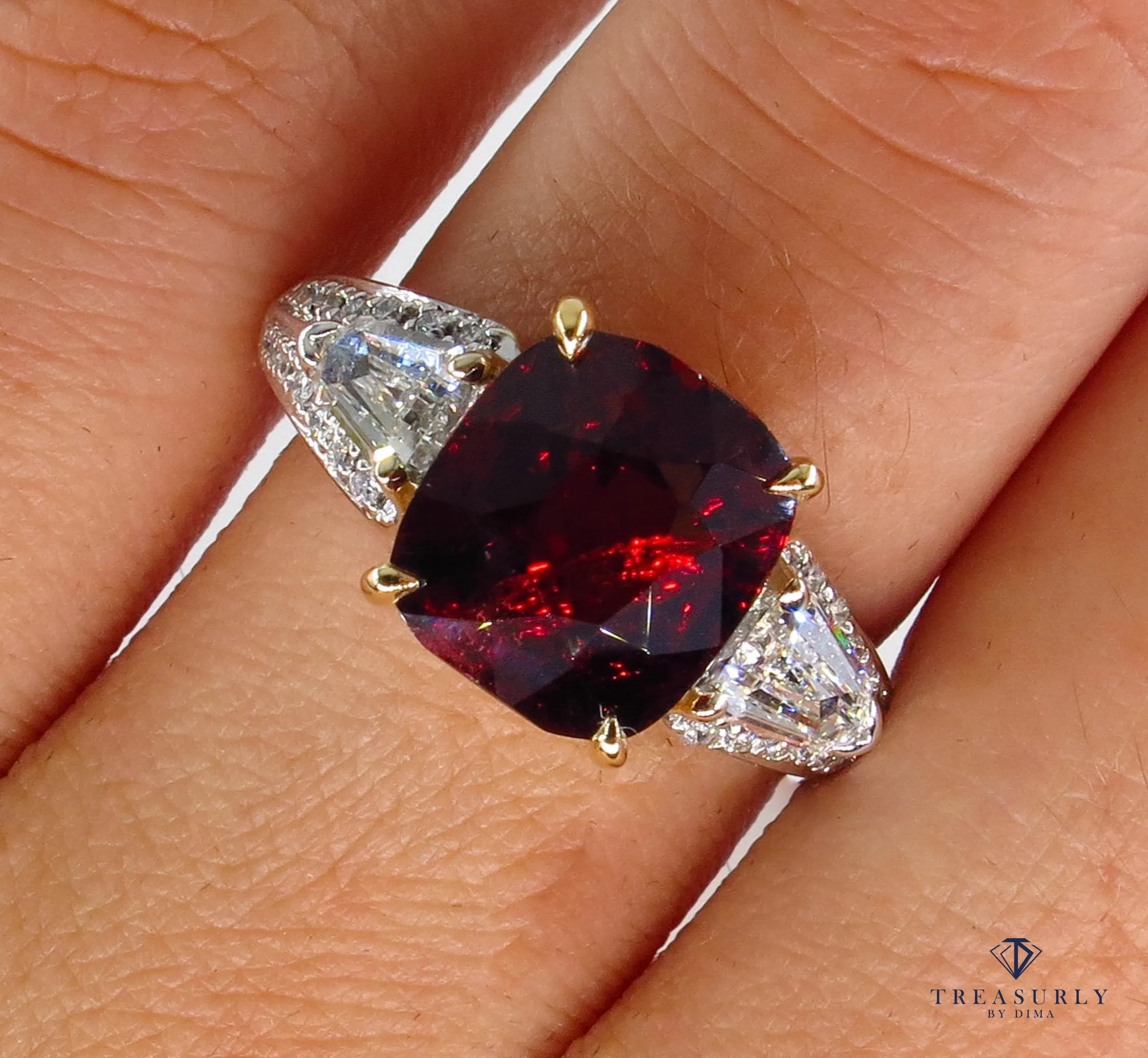 Estate Vintage GIA 4.75ct Natural Deep RED Garnet Cushion 3 Stone Diamond 18k Ring