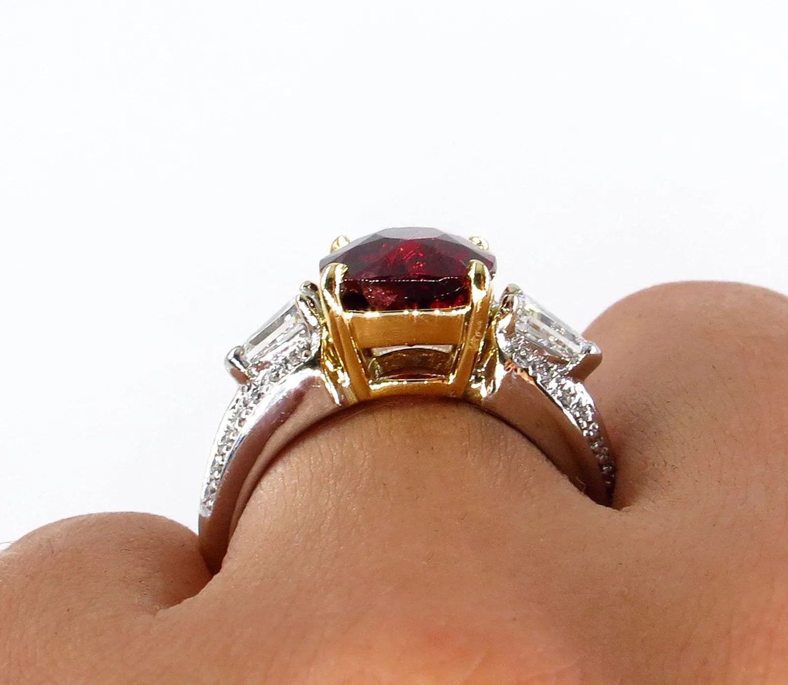 Estate Vintage GIA 4.75ct Natural Deep RED Garnet Cushion 3 Stone Diamond 18k Ring