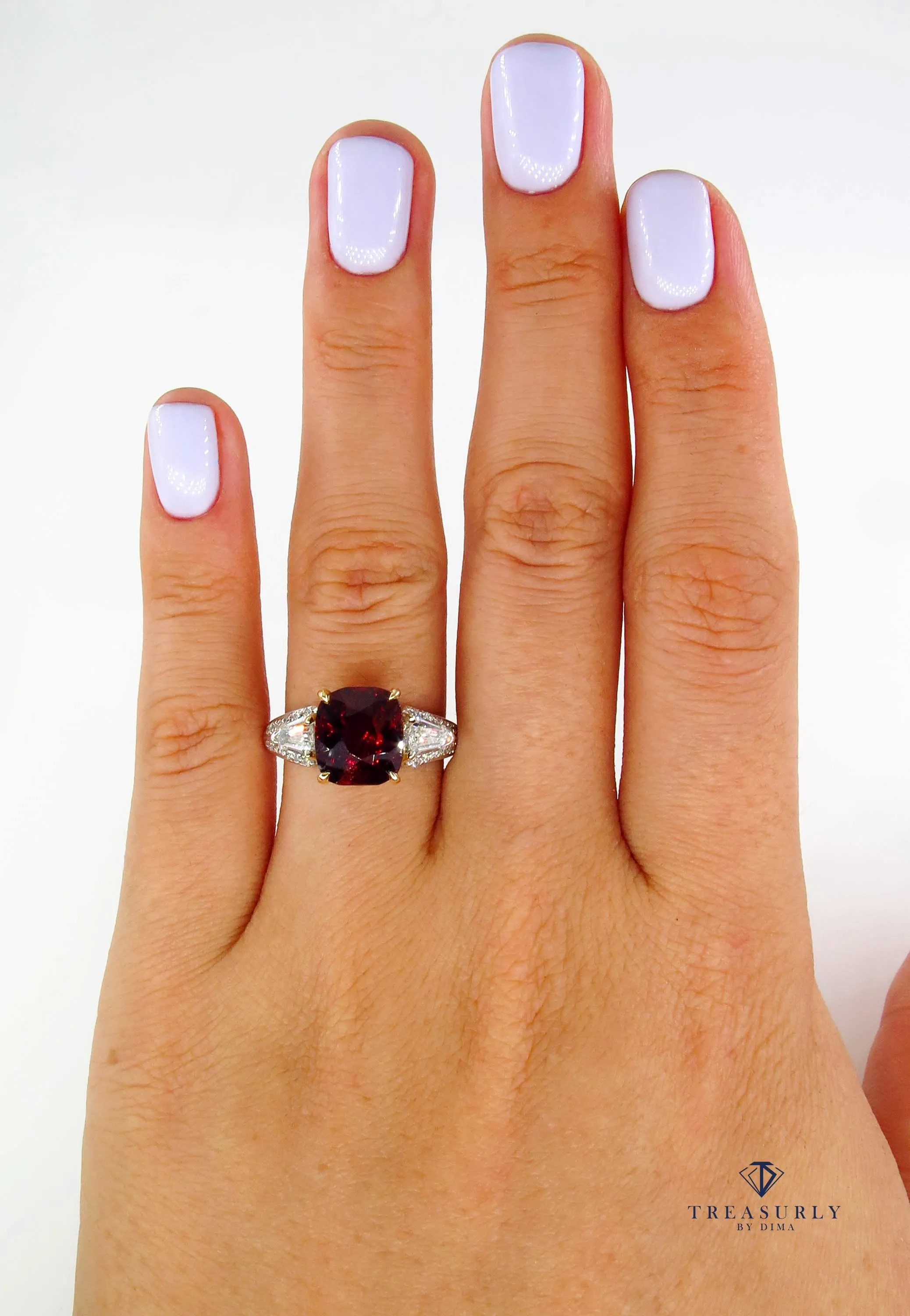 Estate Vintage GIA 4.75ct Natural Deep RED Garnet Cushion 3 Stone Diamond 18k Ring