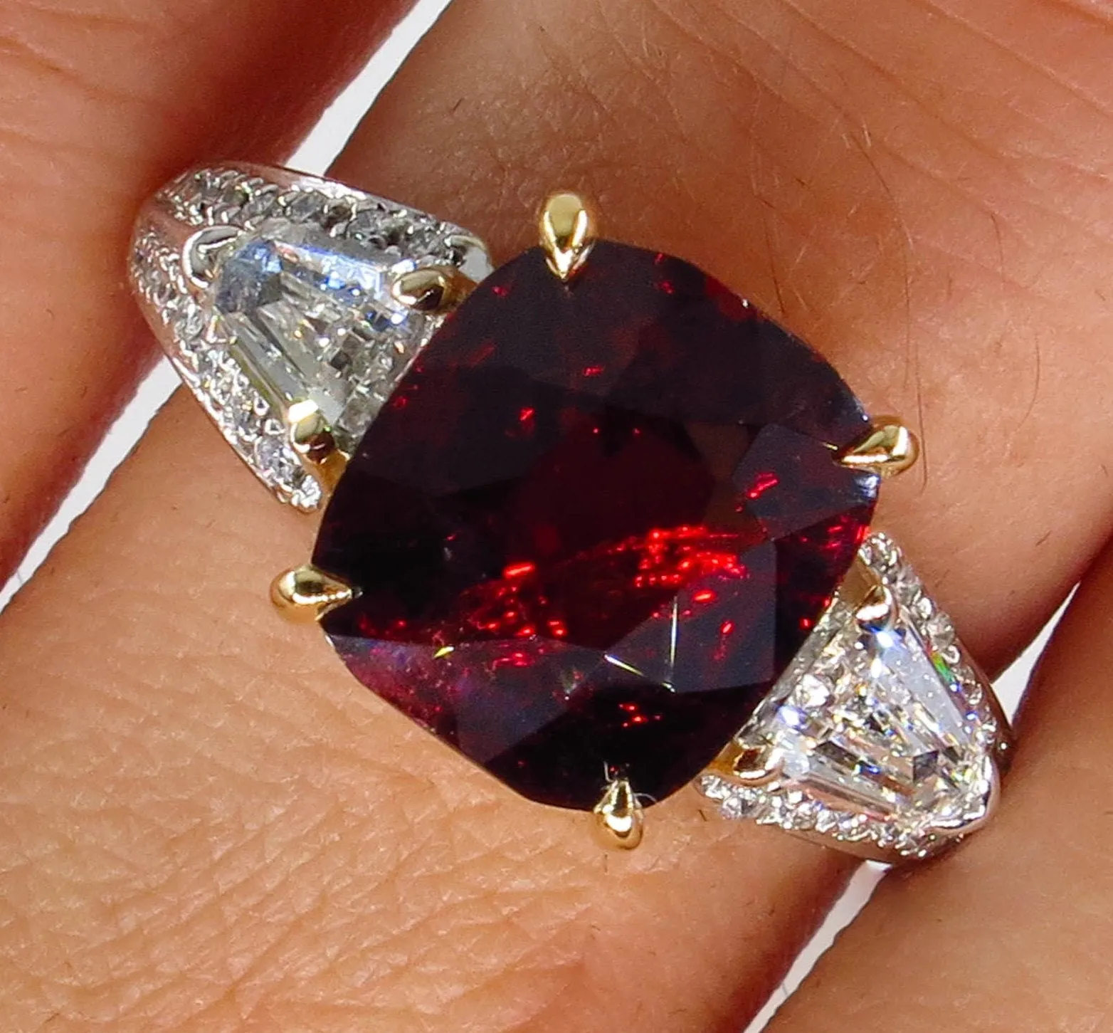 Estate Vintage GIA 4.75ct Natural Deep RED Garnet Cushion 3 Stone Diamond 18k Ring