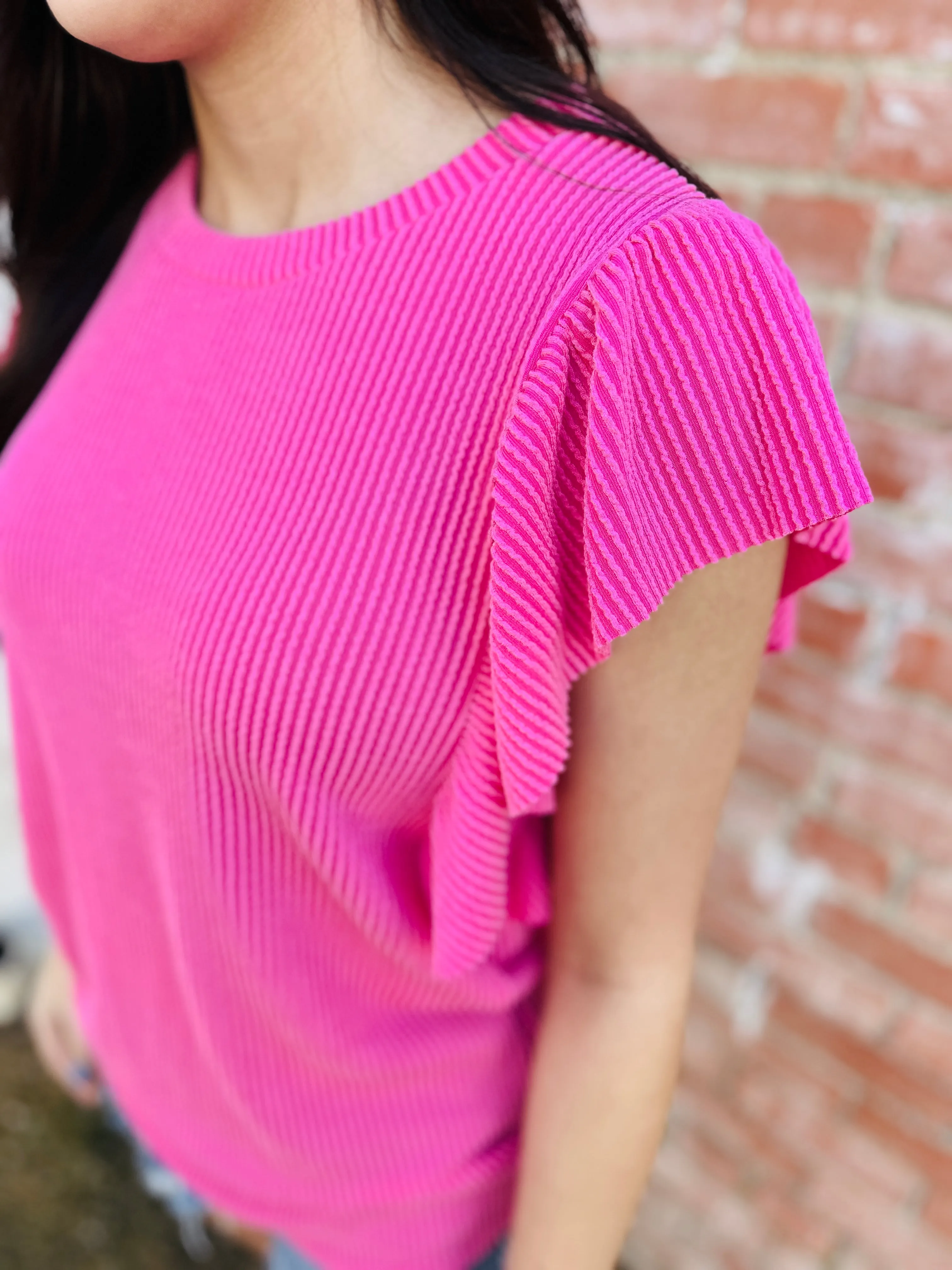 Finding My Joy Corded Ruffle Sleeve Top • Pink