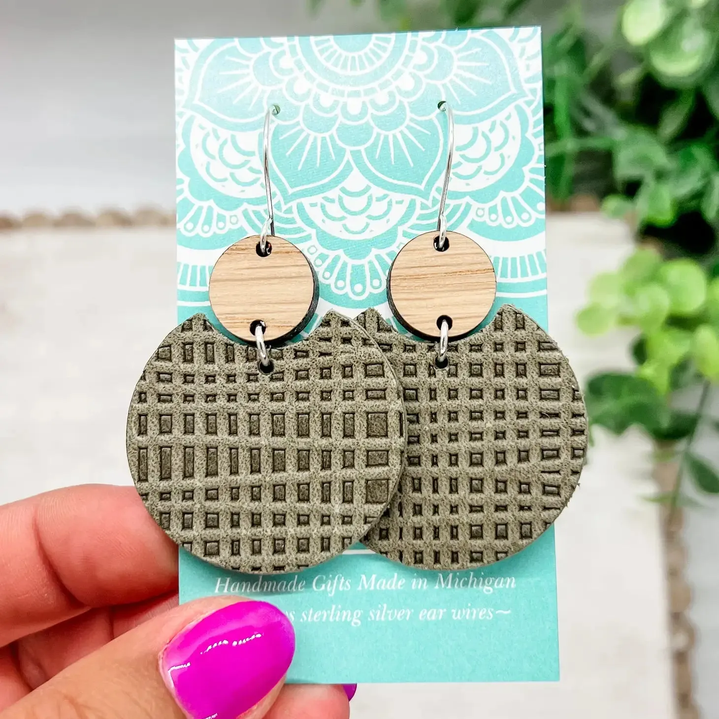 Fleece & Fancy I Olive Green Line Leather Earrings